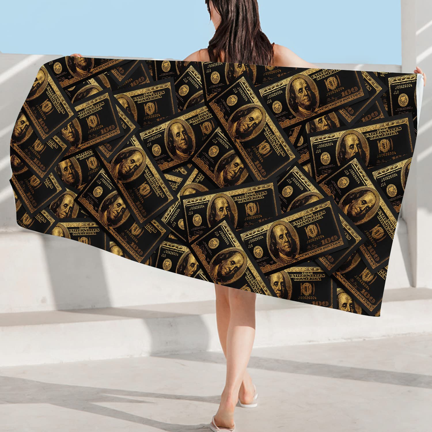 GUBIYU Black and Gold 100 Dollar Bill Large Funny Beach Towels One Hundred Pool Towels Quick Dry Oversized Cotton Beach Towel,Bath Towel Extra Long for Camping Holiday 31