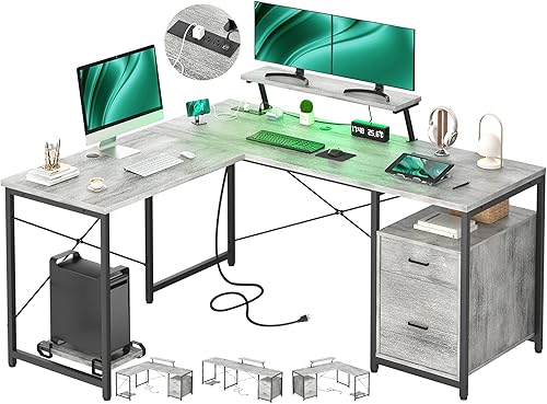 Unikito Escritorio en forma de L con cajón de archivos y toma de corriente, escritorio de esquina reversible en forma de L con estante para monitor,