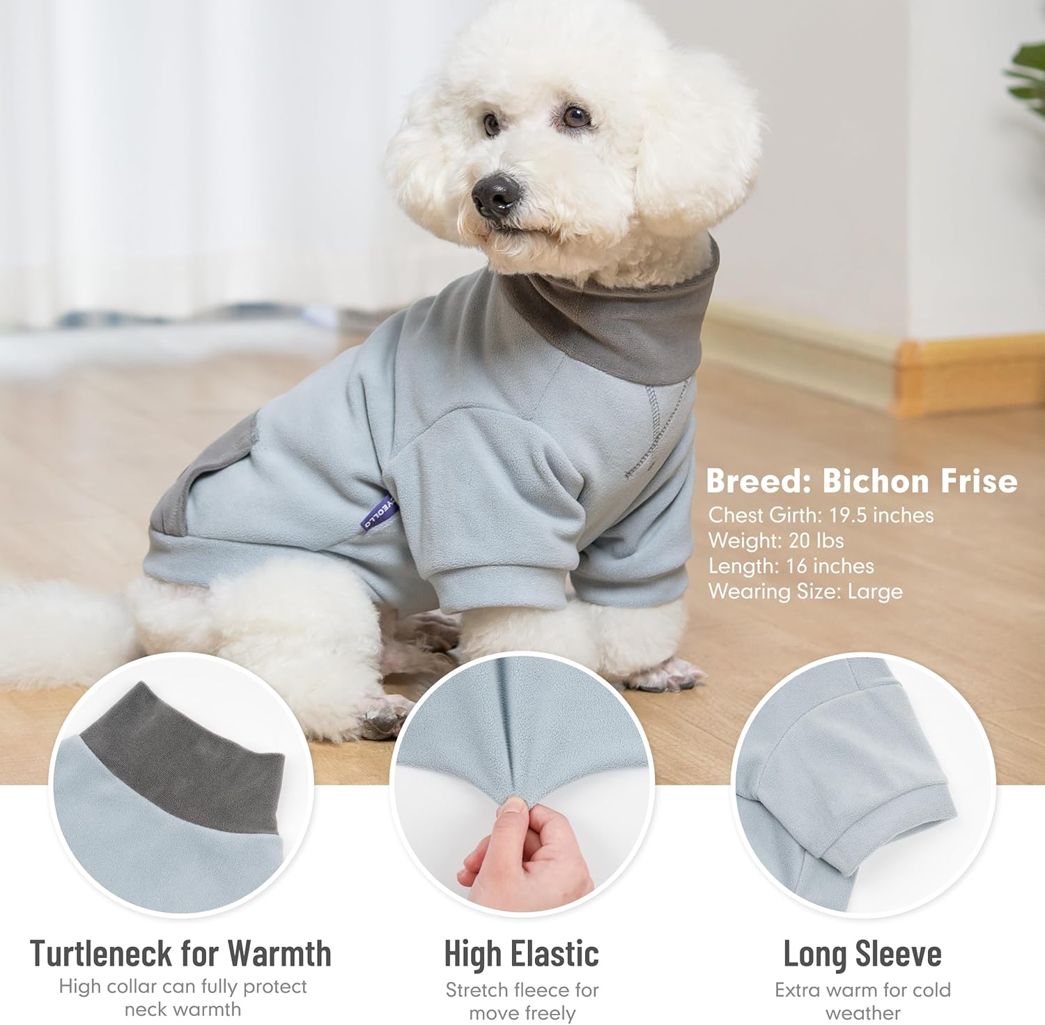 cyeollo 2 Pack Fleece Dog Sweater, Warm Turtleneck Winter Doggy Sweaters for Small Dogs Boy Girl, Soft Stretchy Sweatshirt Pet Dog Clothes with Sleeves, Navy & Light Blue L
