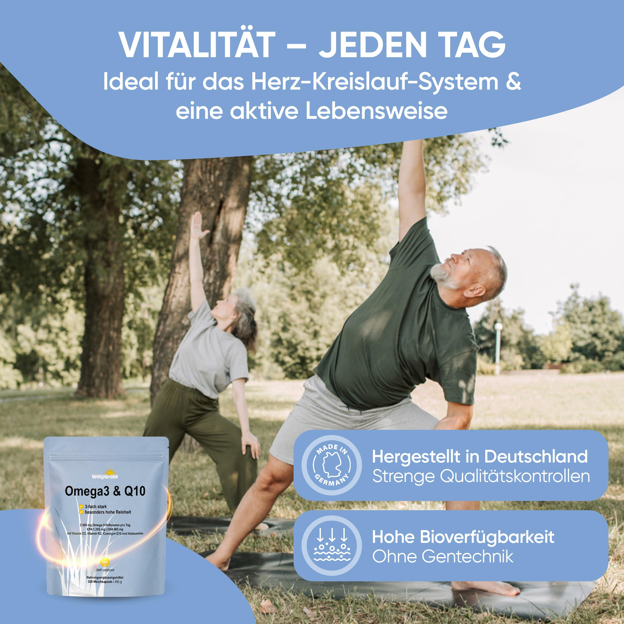 Wellpursan Omega Q10 Plus - 180 Kapseln premium Omega-3 Fettsäuren Kapseln mit 2100mg Fischöl pro Tagesdosis (davon 378mg EPA & 252mg DHA), zusätzlich angereichert mit Vitaminen