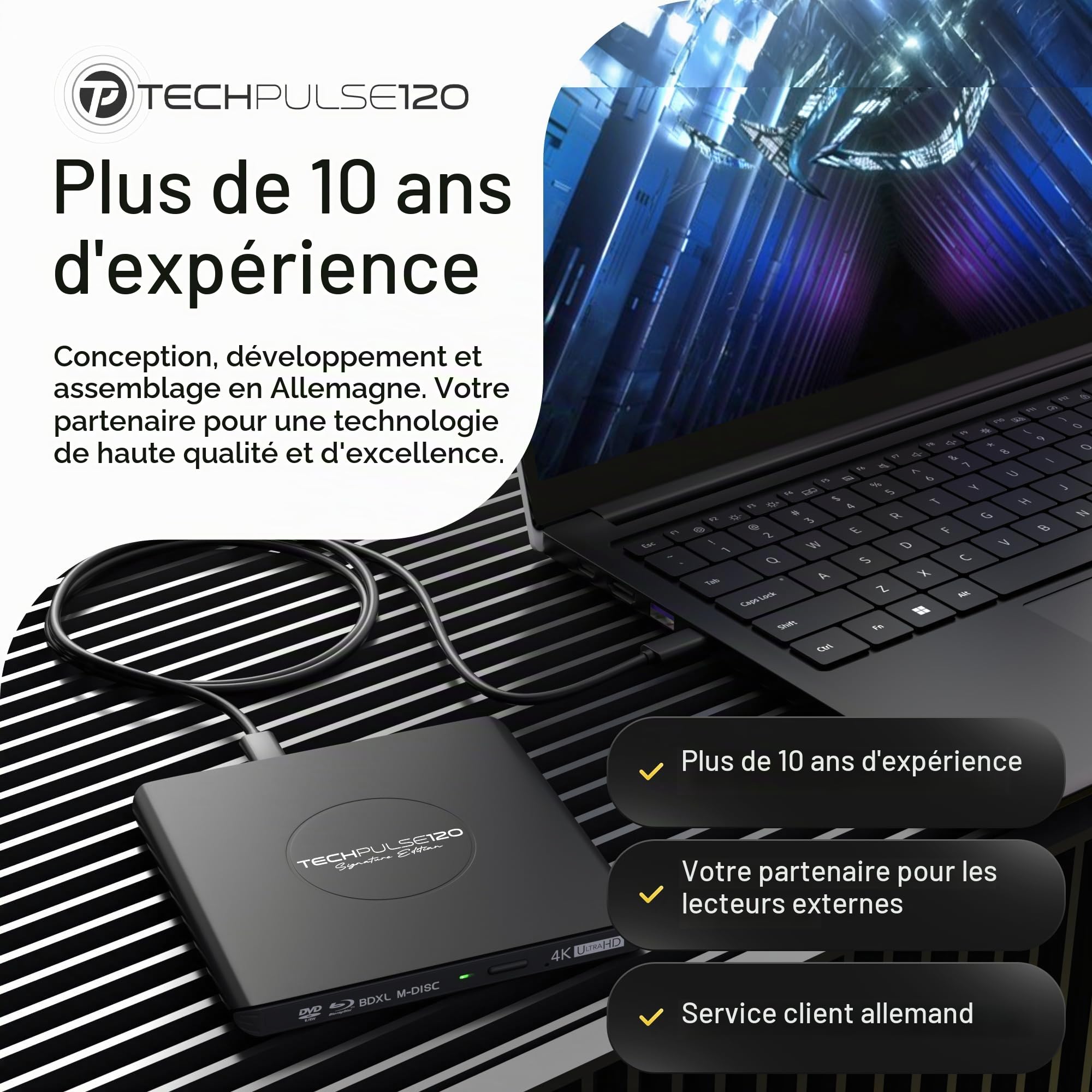 techPulse120 Externe USB 3.1 USB-C UHD 4k 3D M-DISC Blu-ray DVD CD HDR10 128GB Lecteur Graveur Burner Signature Paquet Sac 90cm Câble de Connexion Aluminium (Noir)