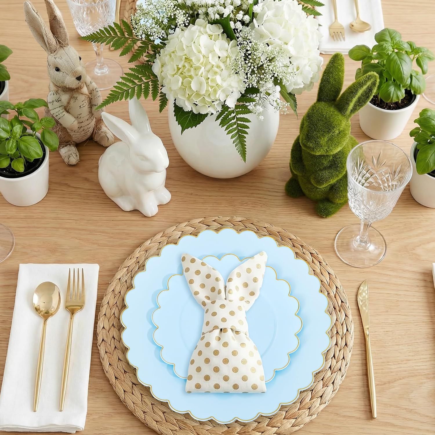 LIYH 60 Pcs Baby Blue Plastic Plates with Gold Edge - Disposable Light Blue Plastic Easter Plates Includes 30 Dinner Plate 10.25" and 30 Dessert Plate 7.5" for Party Birthday Easter