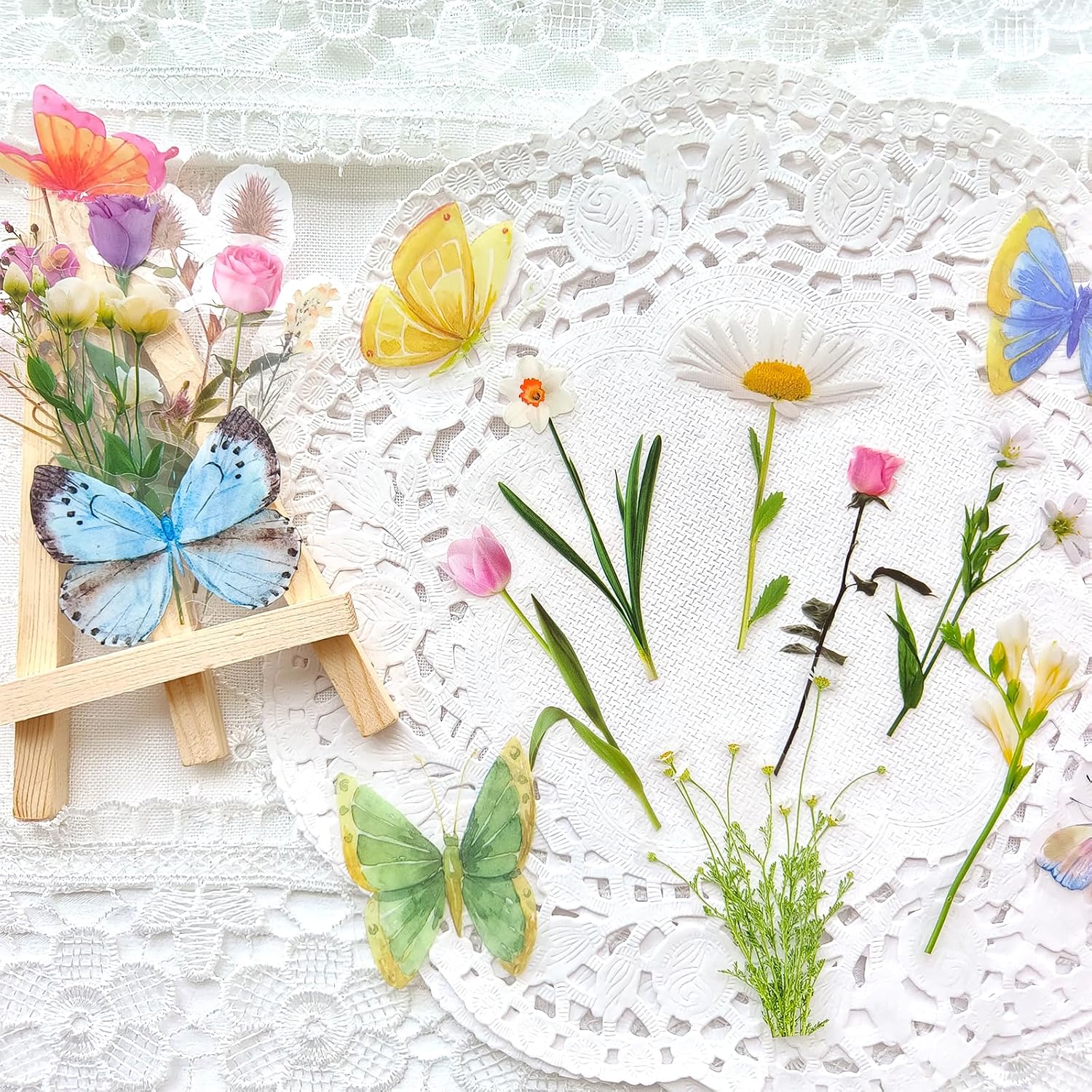Ychsring Butterfly Floral Stickers Bulk - 320 Pcs Transparent Realistic Dried Pressed Flower Stickers for Crafts, Envelopes, Scrapbook, Junk Journal Supplies - Waterproof Clear Wildflower for Resin