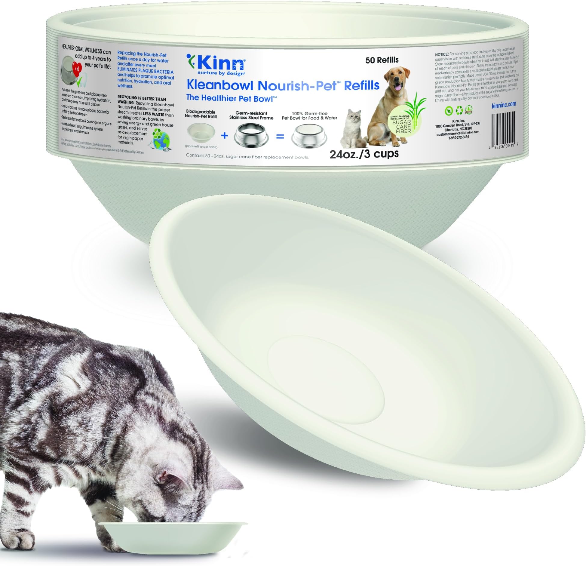 Kinn Whisker Fatigue Cat Bowl Compostable & Disposable for Food or Water, 24oz (50 Refills), Whisker Friendly Cat Dish for Owners Needing Convenience and Cleanliness in a Pet Saucer