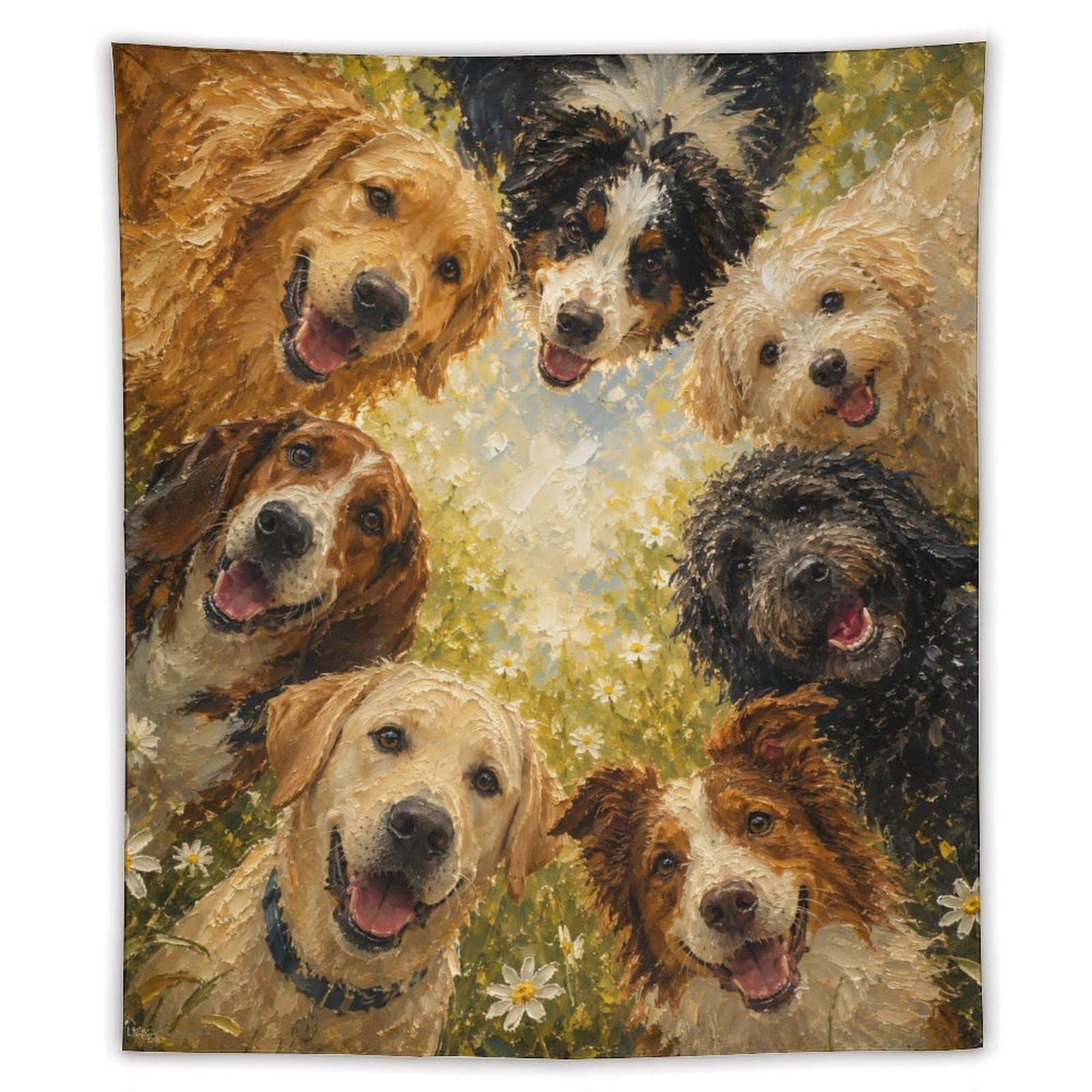 W7C8U2X3 Happy Dogs Floral Wall Tapestry, Realistic Illustration