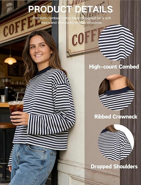 LEBOOBELL Femme Manches Longues à Rayures T-Shirt Pull à col Rond Sweatshirt Ample décontracté pour Printemps été - 3