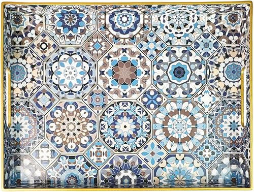 Miniatura 61 de Bandeja decorativa bohemia, moderna bandeja azul para servir con asas, juego de 2 bandejas otomanas, bandeja de plástico para mesa auxiliar