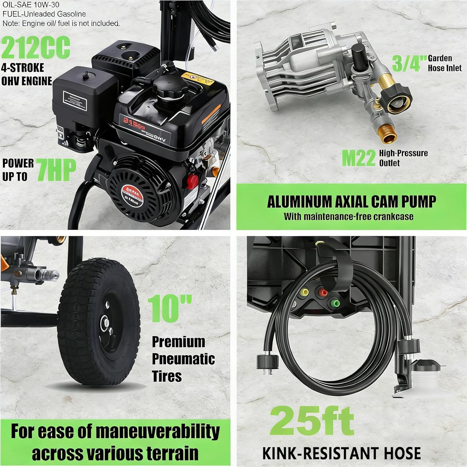 4200PSI Gas Pressure Washer, 4.0GPM Heavy Duty Power Washer with 5 QC Nozzles, 25ft Flexible Hose and 0.5Gal Soap Tank, 212cc 7.0 HP Engine, EPA/CARB/ETL Compliant, Black