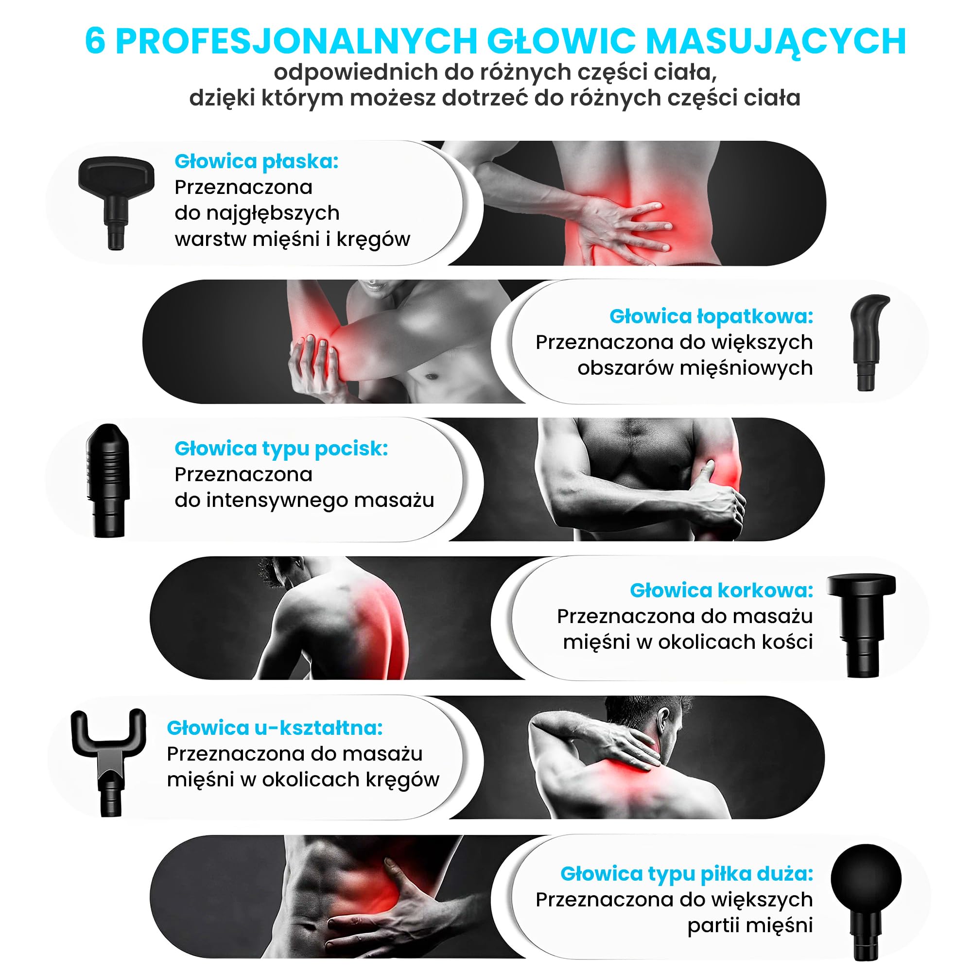 Extralink Massage Gun Pro, Pistolet do masażu, 3800 RPM, 6 końcówek wymiennych, moc 40W, dotykowy wyświetlacz, gniazdo ładujące DC, 30 prędkości, Amplituda 12mm, Masażer mięśni