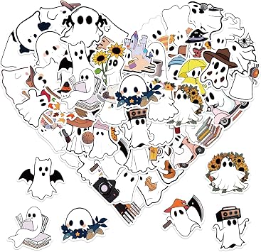50Pcs Halloween Ghost Theme Stickers, Cute Ghost Decorative Stickers for Parties, Suitable for Children, Teens, and Adults, Ideal for Water Bottles, Laptops, and Cups