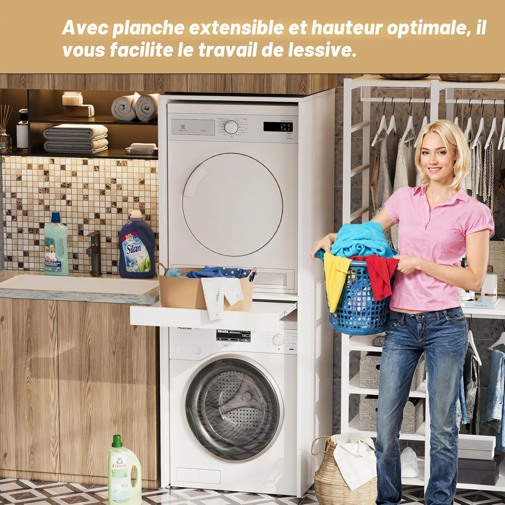 Version Améliorée Armoire pour Machine à Laver et Sèche-Linge avec Planche Extensible, Meuble Machine a Laver,Renforcement Structurel,Stable et ne tremble pas,180x65x66cm,capacité de Charge 100 kg