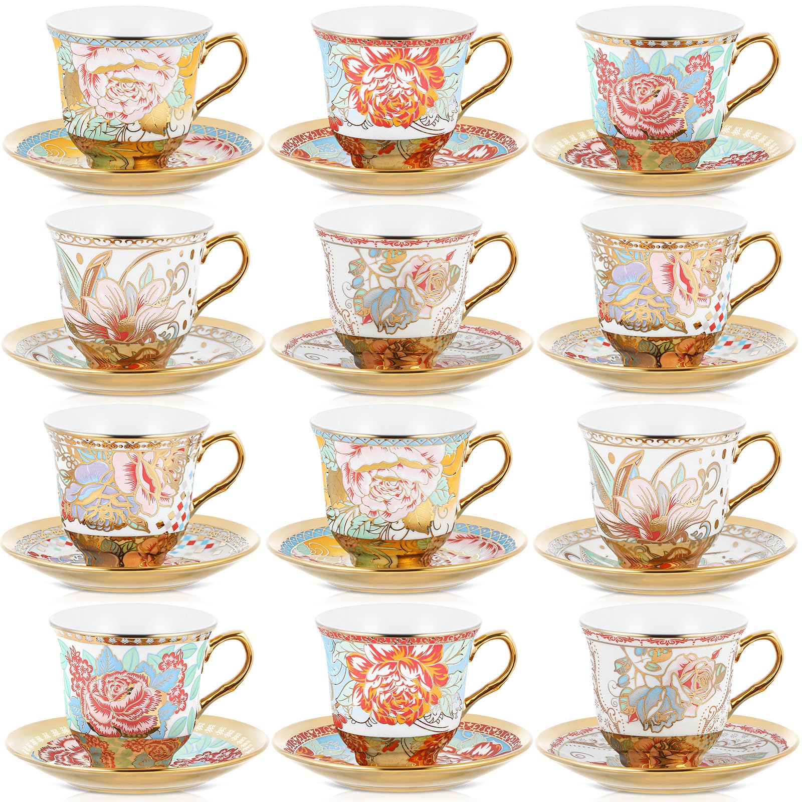 Teenyyou Set of 12 Tea Cups and Saucers, Vibrant Style, 5.4 oz