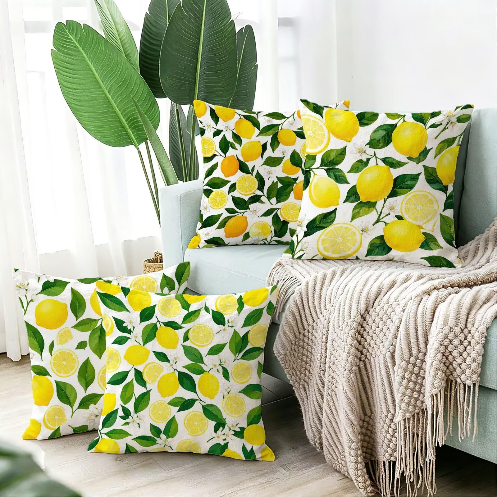 Giallo Federe Cuscini Divano 50x50cm, Cuscini da Esterno Set de 4, Cod-143 | Velour Copricuscini Decorativi Letto Arredo, per Letto, Soggiorno, Giardino, Esterno, Casa Decorazione Set di 4 Pianta