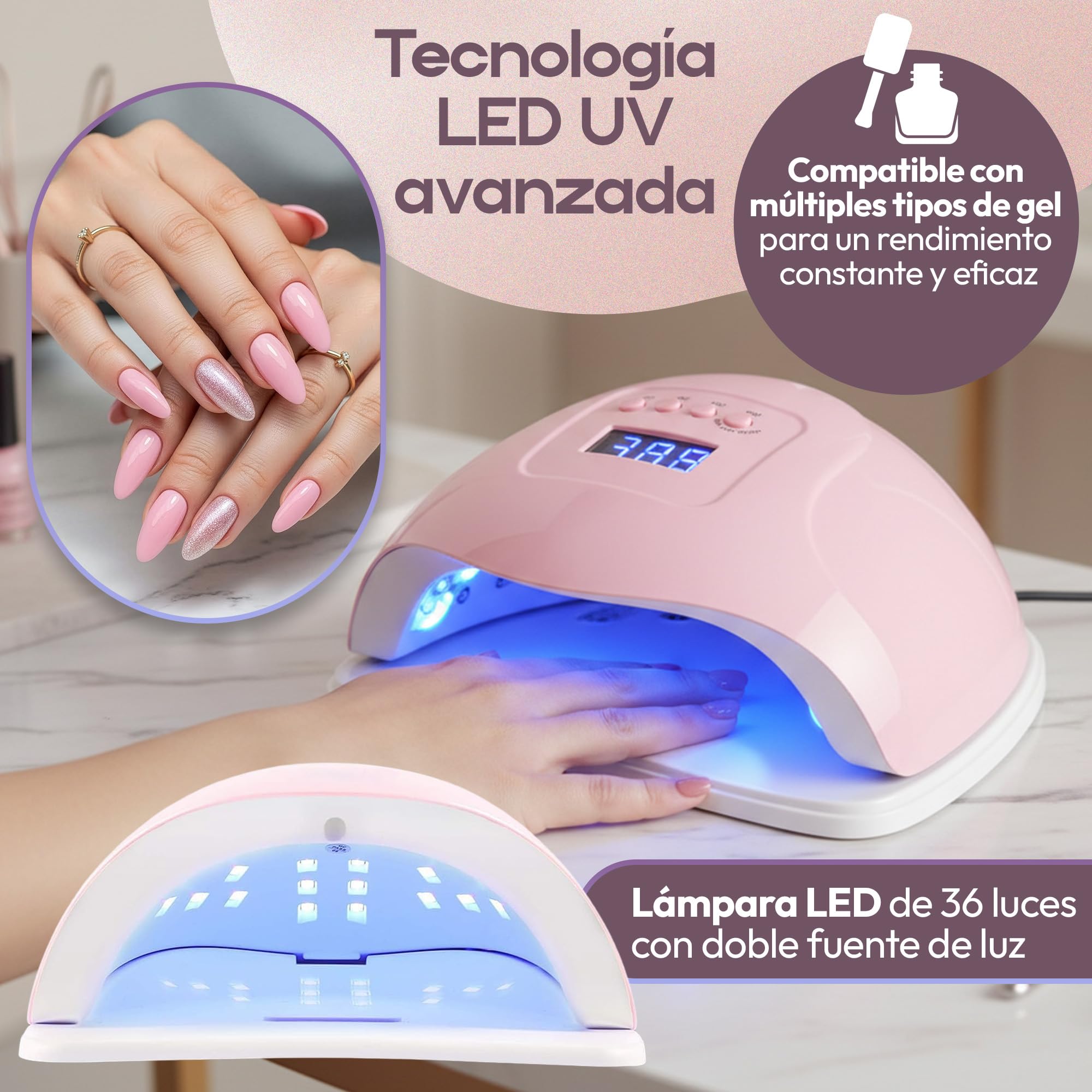 Lámpara Secadora Uñas LED UV 150W con 4 Temporizadores, Secador de Uñas con Sensor Automático