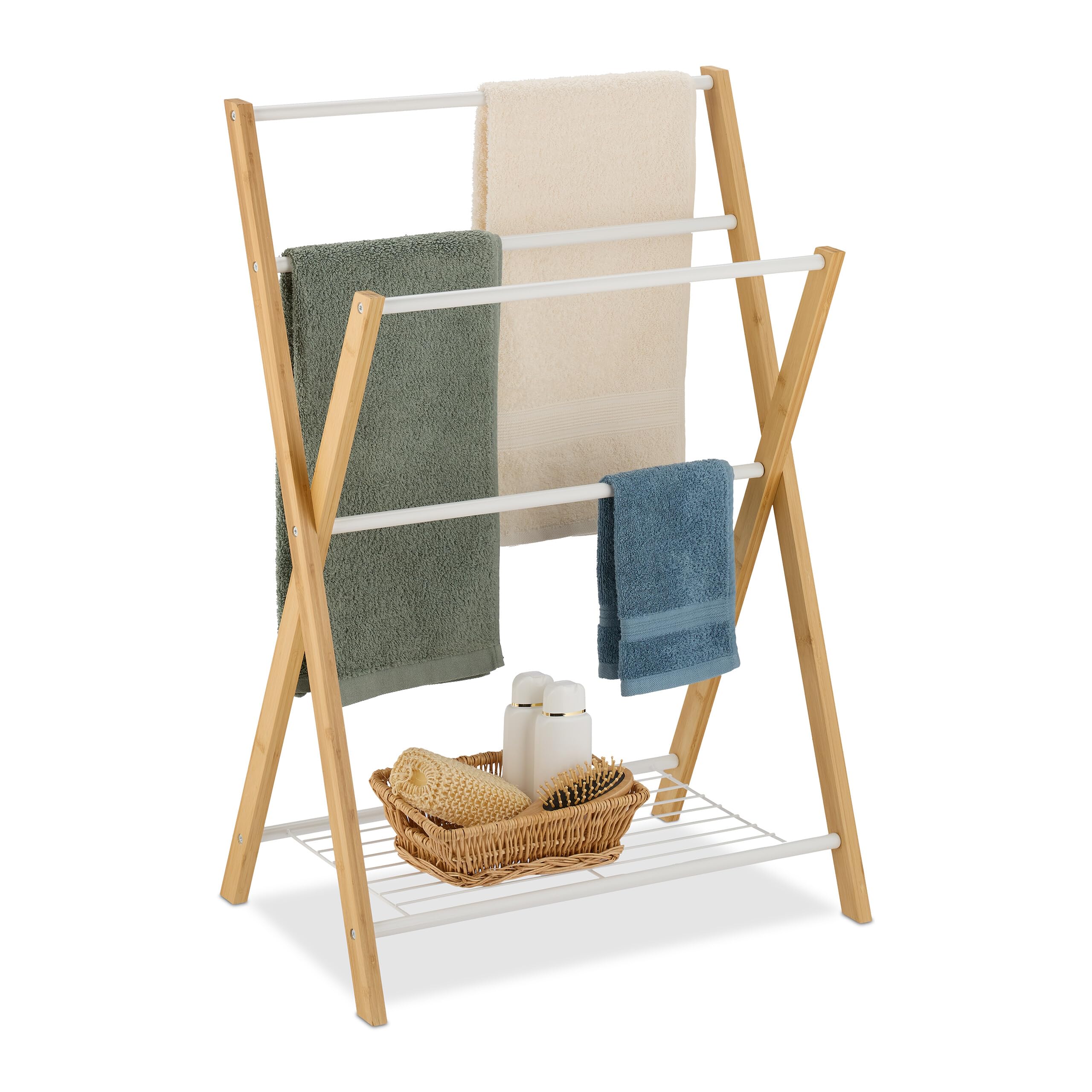 Porte-serviettes bambou et fer Relaxdays avec étagère et 4 barres de séchage