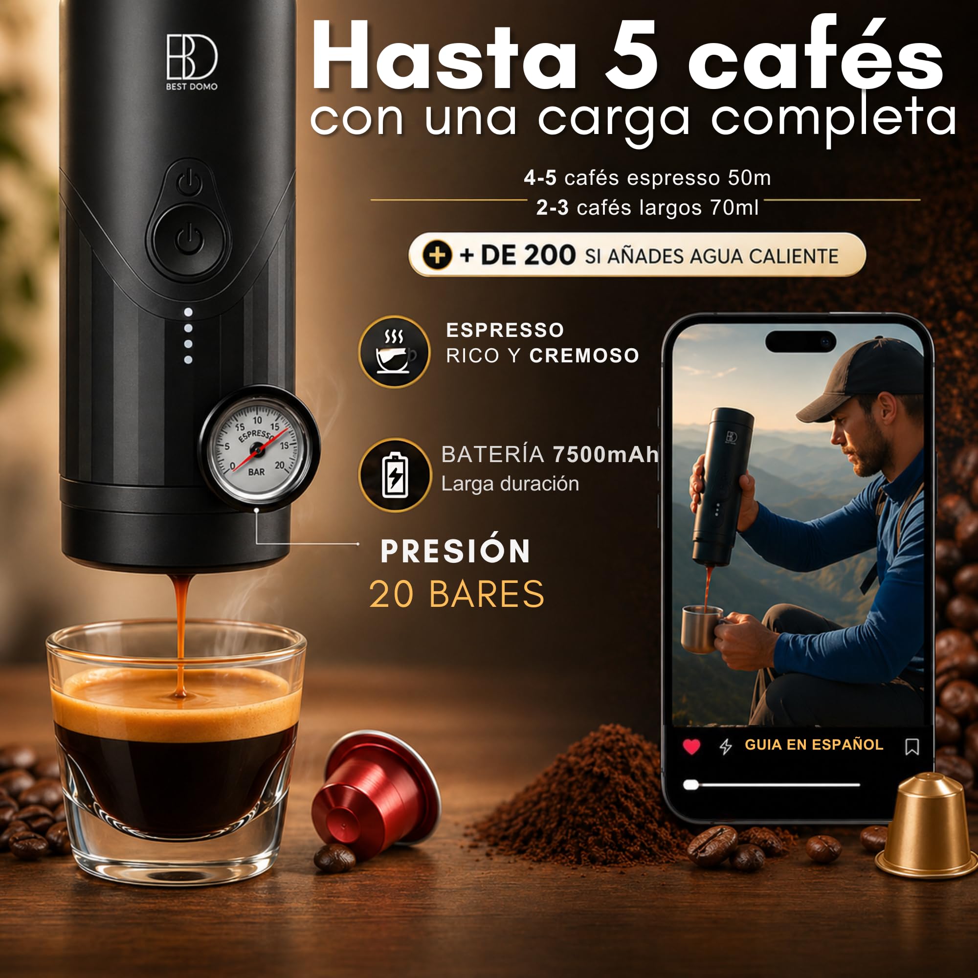 Cafetera Portátil para Cápsulas Pequeñas y Café Molido, Espresso 20 Bares | Calienta el agua y prepara hasta 5 espressos por carga. USB-C recargable, con estuche ideal para coche, viajes y oficina