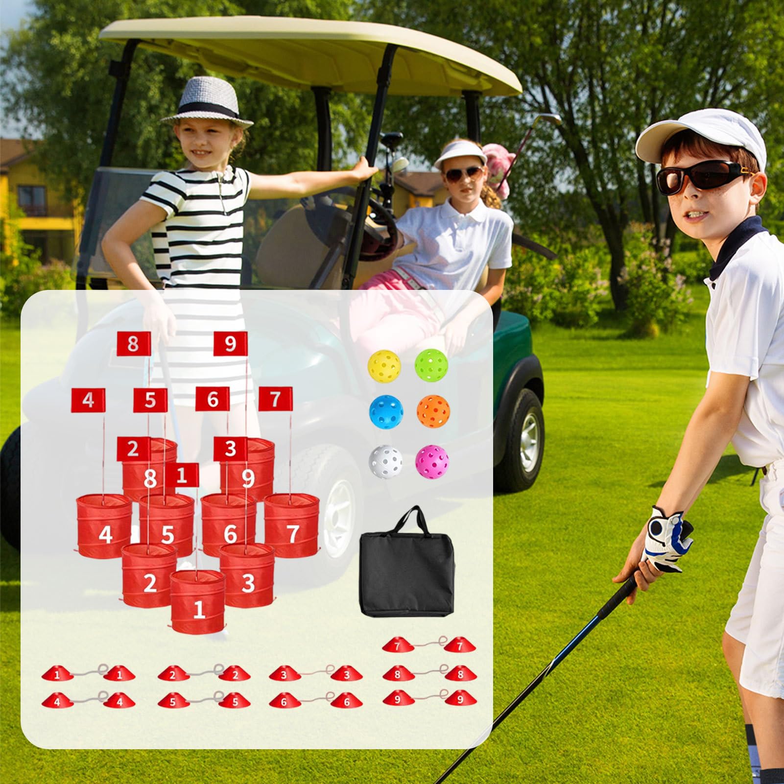 Set da golf da giardino per adulti, con secchio | Giocattolo da putt portatile per allenamento, con obiettivo a 9 fori, per famiglia, casa, adulti, bambini, garage