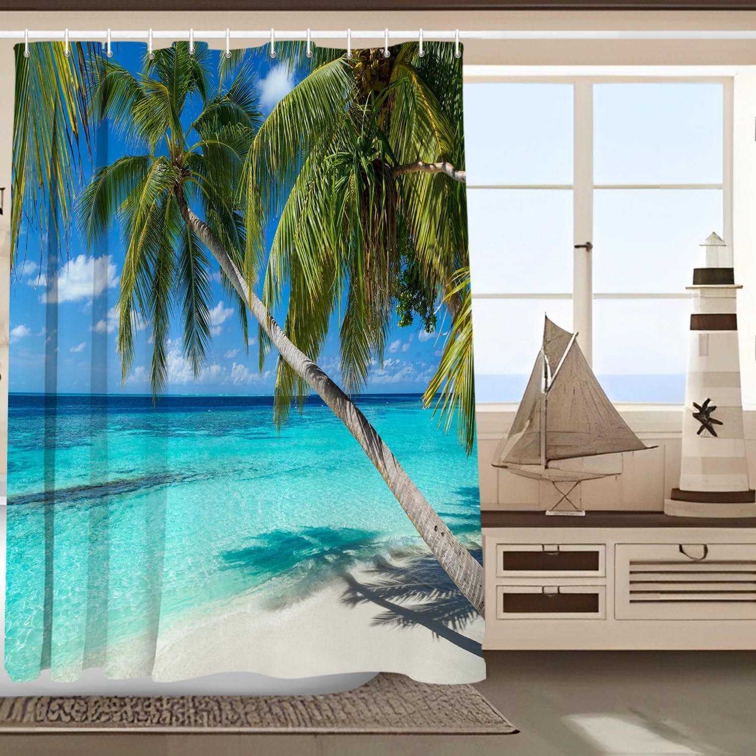 Tropical Beach Shower Curtain Hawaii Seaside Palm Tree Blue Beach Waterproof Shower Curtain for for Summer Bathroom Decor with 12 Hooks,72x78 inches