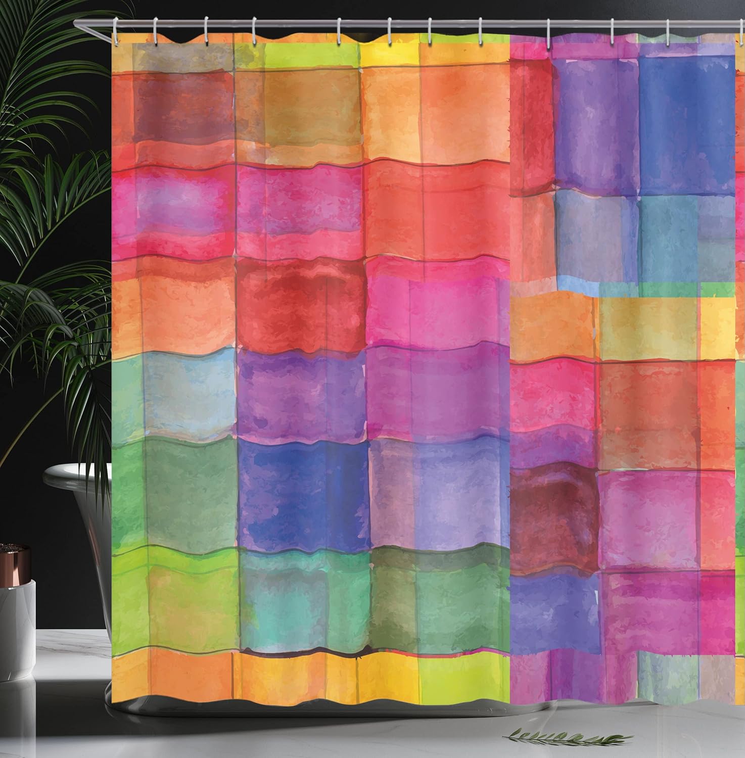 Ambesonne Abstract Shower Curtain, Rainbow Colored Geometric Square Shaped with Blurry Hazy Effects Watercolor Design, Cloth Fabric Bathroom Decor Set with Hooks, 69" W x 75" L, Magenta Vermilion