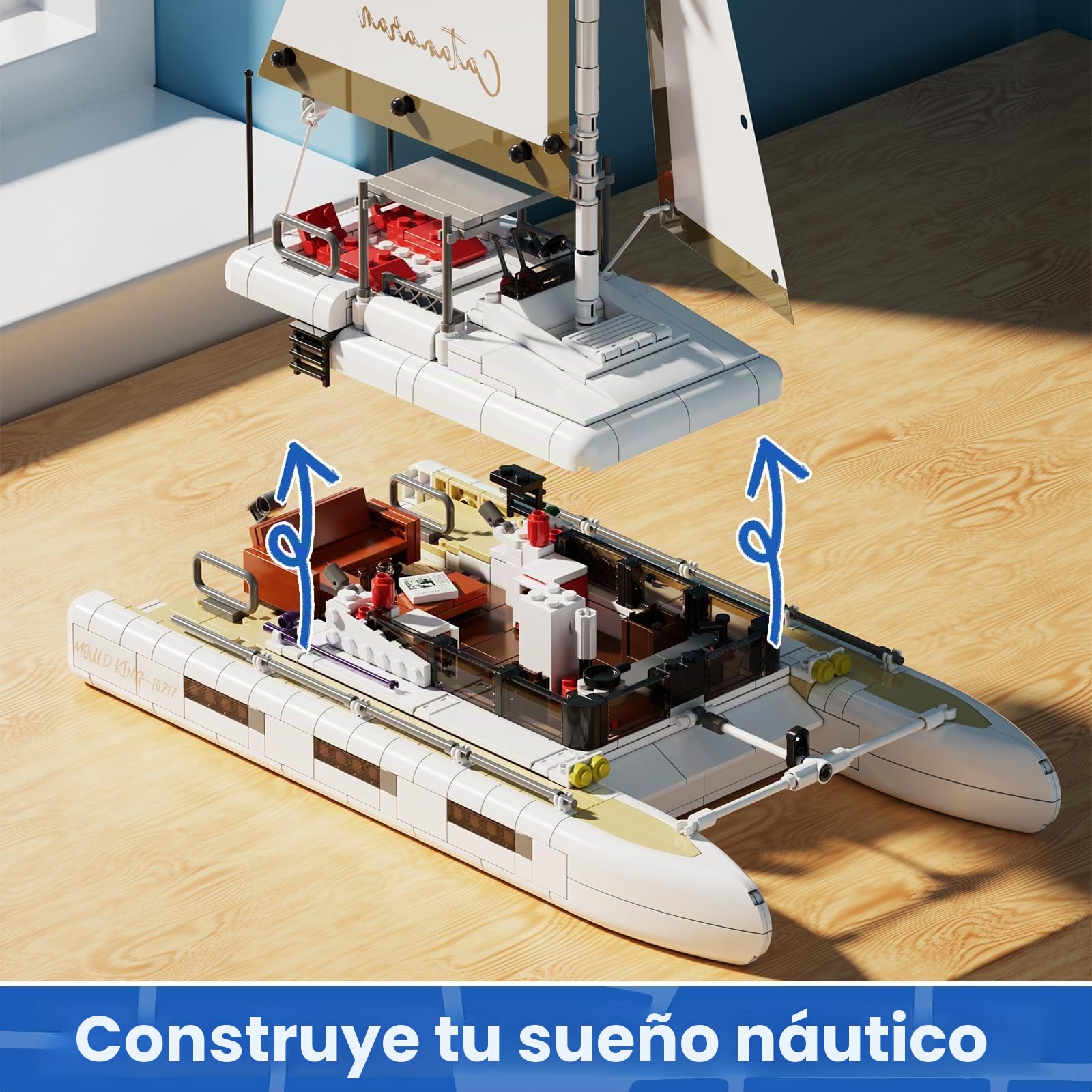 Mould King 10217 Bloques de sujeción Bloques de construcción de buques Velero Catamarán Barco Juguete con Velas de Tela y Zona de tomar el sol Compatible con Otras Marcas (893 piezas)
