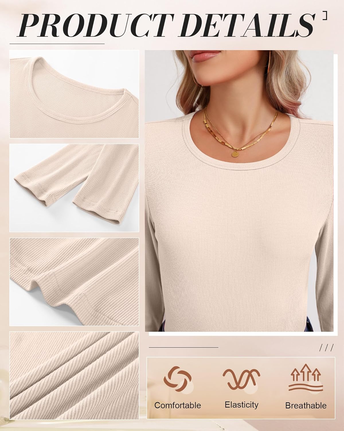 Ficerd 3 Pack Women's Ribbed Long Sleeve Tops, Crew Neck Slim Fit Undershirts Knit Basic Casual Stretch Layering Tee Shirts - Image 5