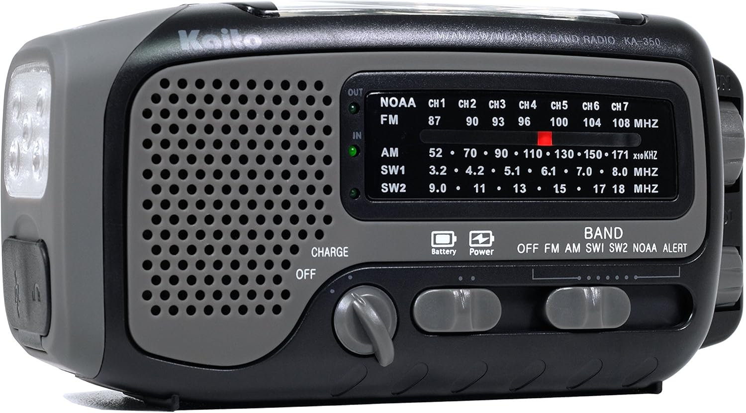 Предна страна view of the Kaito KA350GY radio showing the speaker, tuning dial, and band selector.