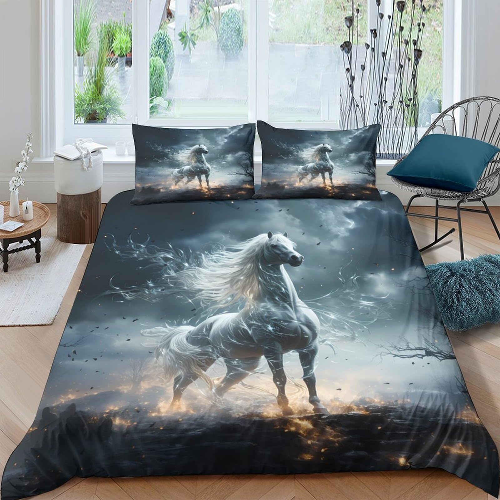 Ctjqhvkz Style-2 3D Printed Majestic Horse Fitted Sheet Microfiber Soft Breathable Fantasy Storm Bed Cover For Bedroom Decor Single（135X200cm）