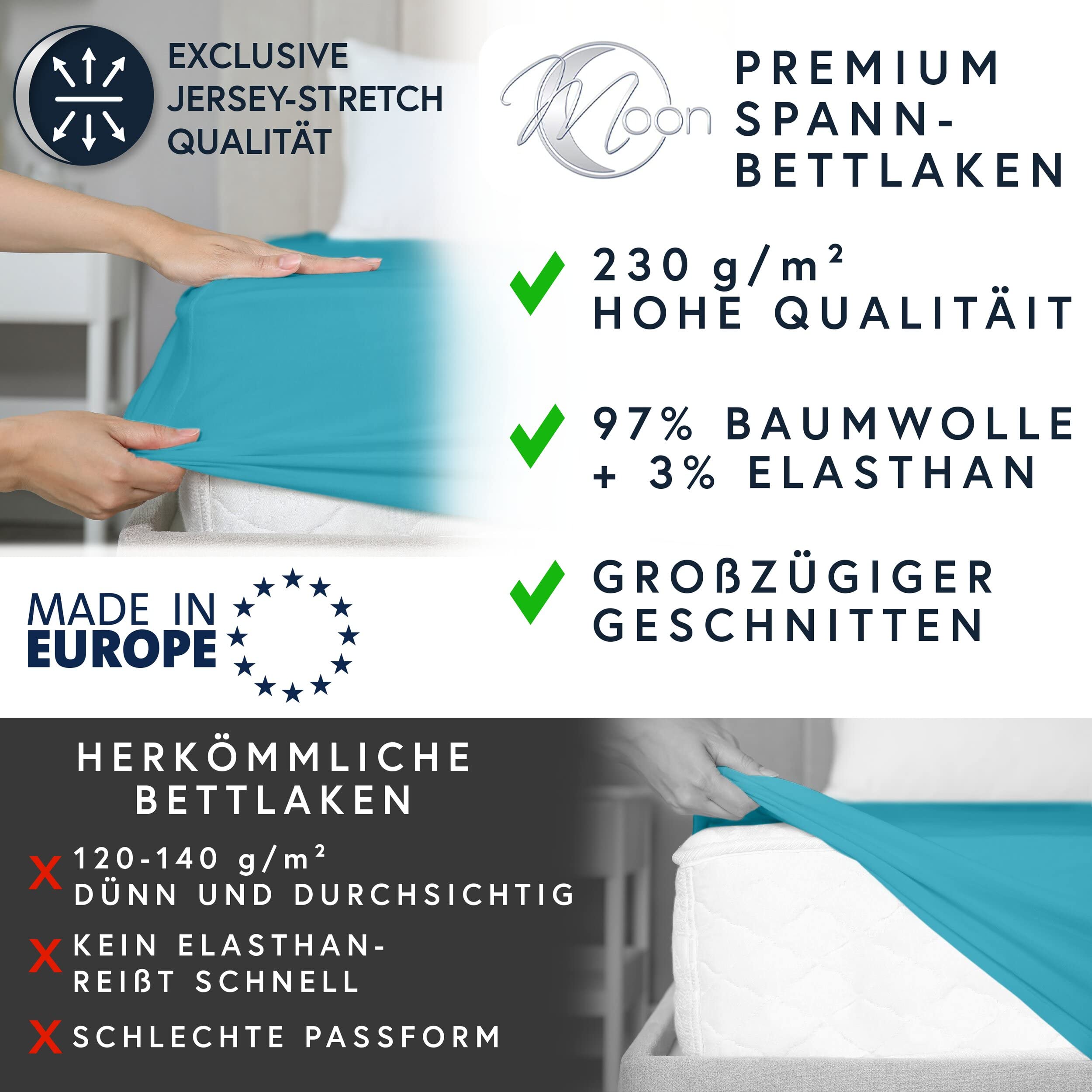 Moon - Luksusowe prześcieradło z gumką Jersey Stretch 230 g/m² do łóżek wodnych, łóżek kontynentalnych i tradycyjnych materacy (petrol, 200 x 220 – 220 x 240)