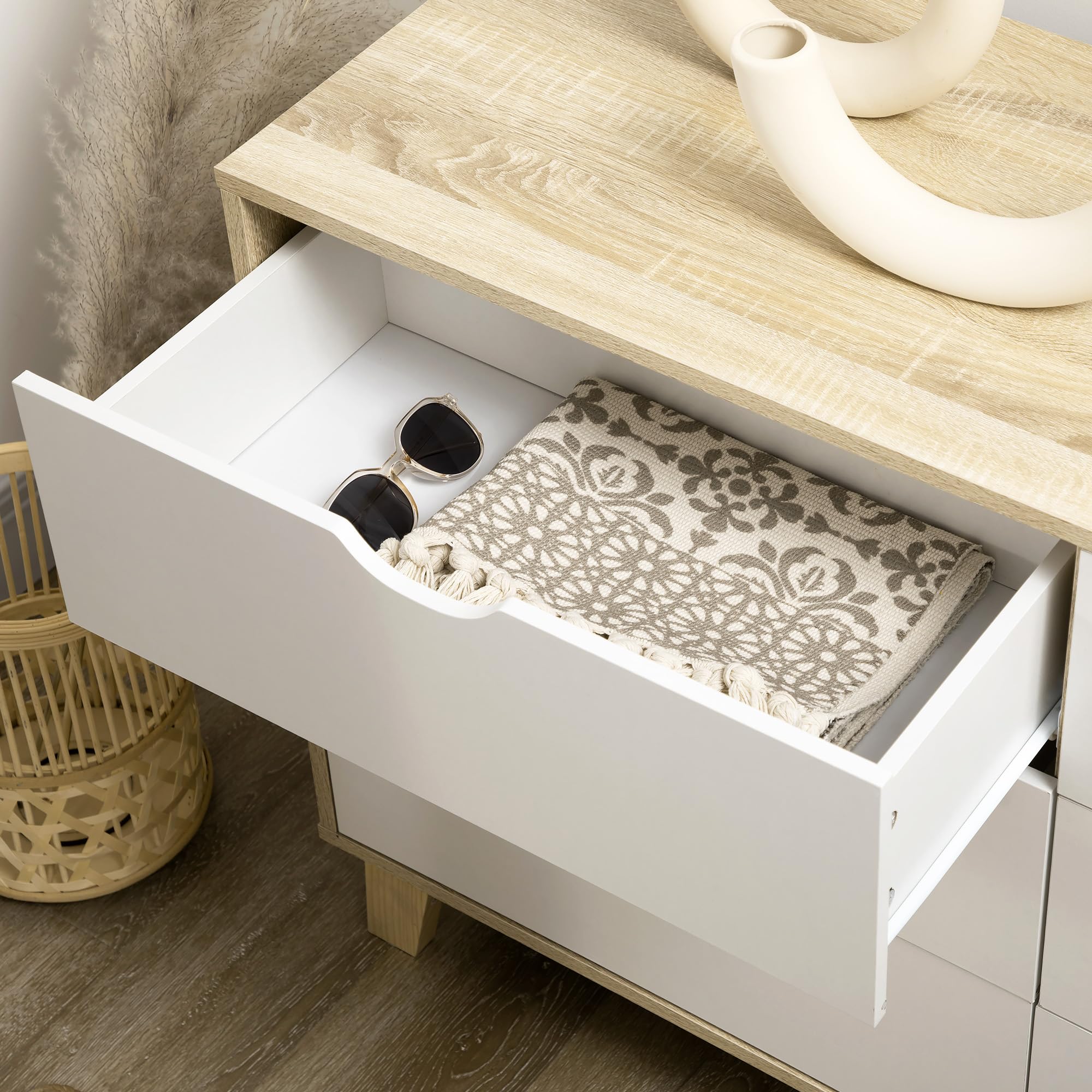 HOMCOM Cómoda con 6 Cajones Cajonera de Armario Mueble Organizador con Cajones para Cocina Dormitorio Salón Estudio Estilo Moderno Antivuelco 120x40x76 cm Natural y Blanco