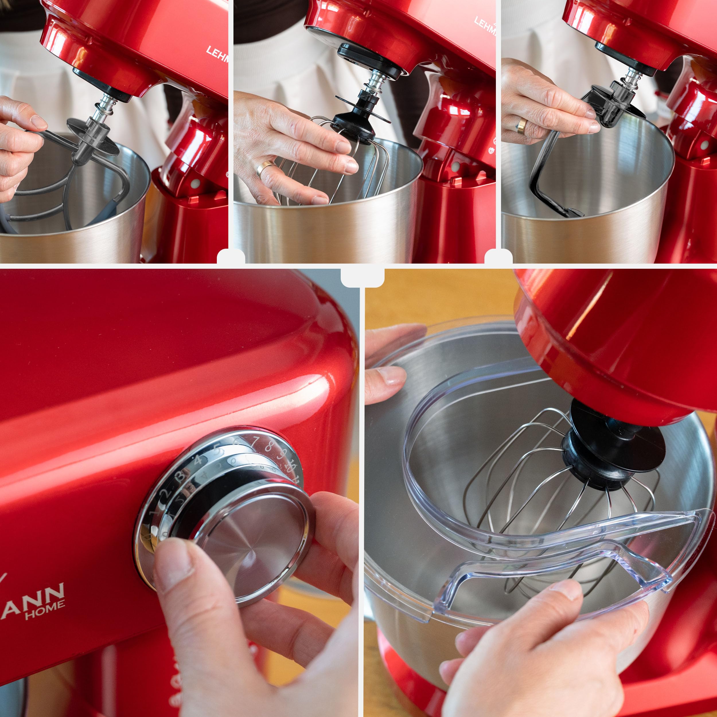 LEHMANN Küchenmaschine mit Zubehör-Set, 1500W, Rührmaschine mit 12 Geschwindigkeiten, 5L Rührschüssel, Überhitzungsschutz, Rutschfest, Knetmaschine mit 3 Rühreinsätze und Spritzschutz, Rot