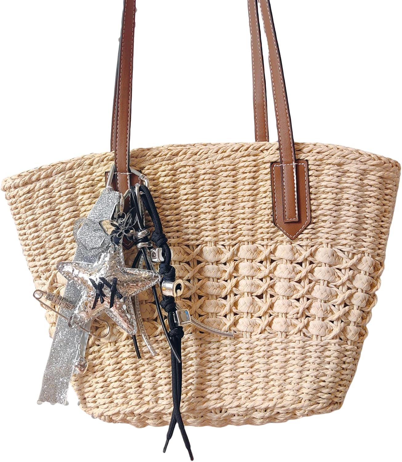 6-in-1 Punk Style Bag Charms Set with Silver Star, Glitter Ribbon, Letter Bead Chain, Leather Cord, Butterfly Keychains & Keyring for Handbag Backpack Purse Backpack Purse - Image 6