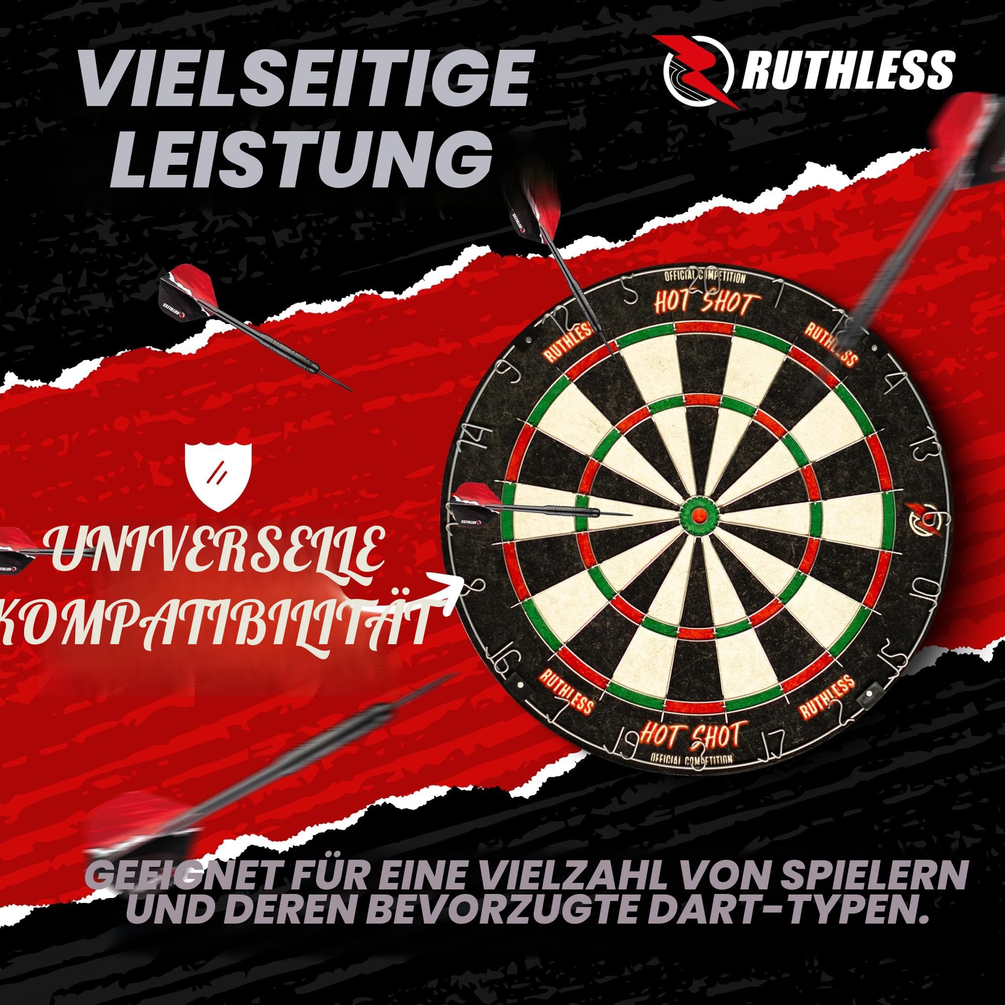 Ruthless Hot Shot Dartscheibe | Endurance Runddraht Sisal Dartscheibe Set inkl. 2 Sets Steeldarts