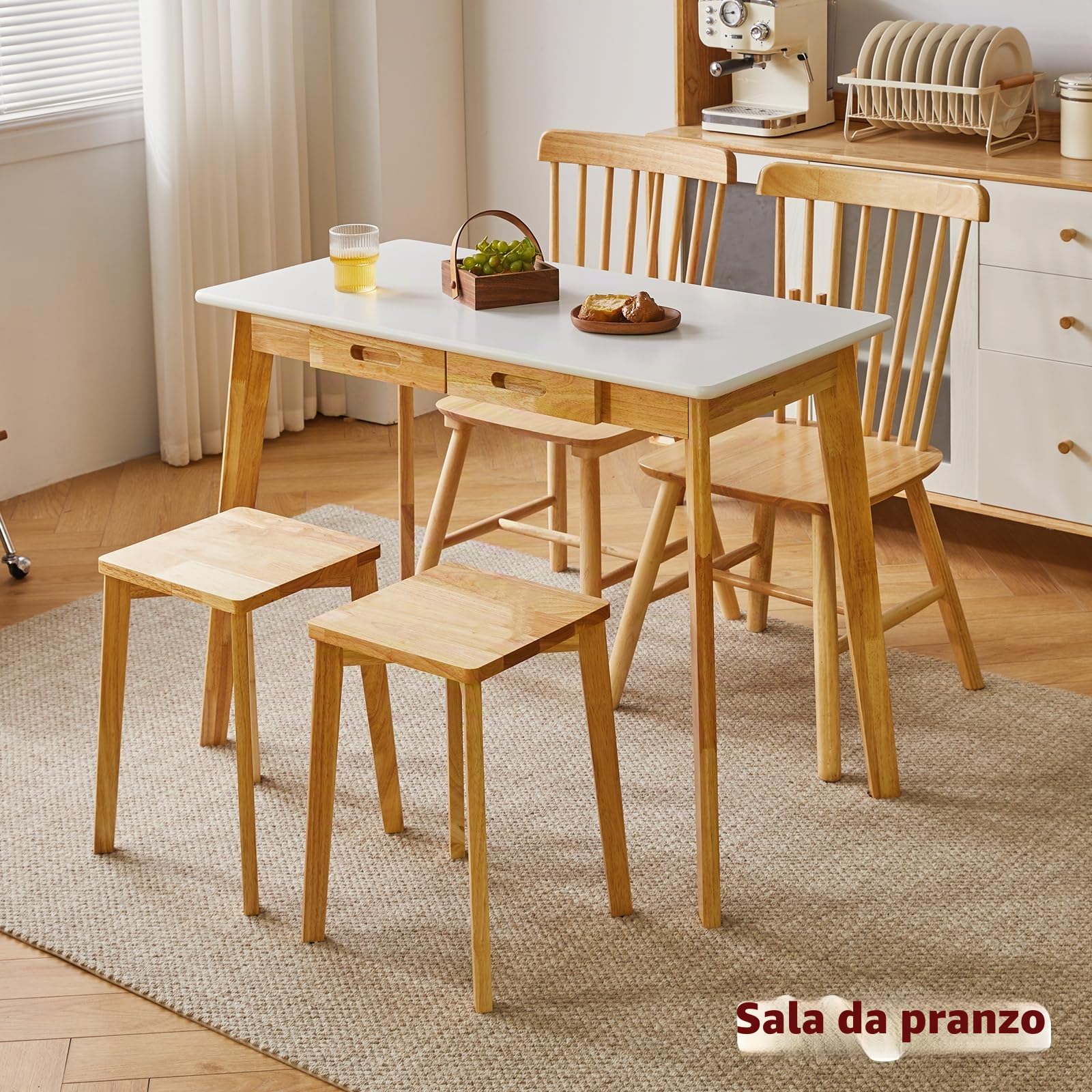 Aibiju Piccola Scrivania per Computer, Scrivania in Legno con Cassetto e asta Pensile, Scrivania da Studio, Scrivania da Lavoro, Tavolo da Pranzo in Legno Bianco + Gambe in Legno Naturale YD-WD01WN