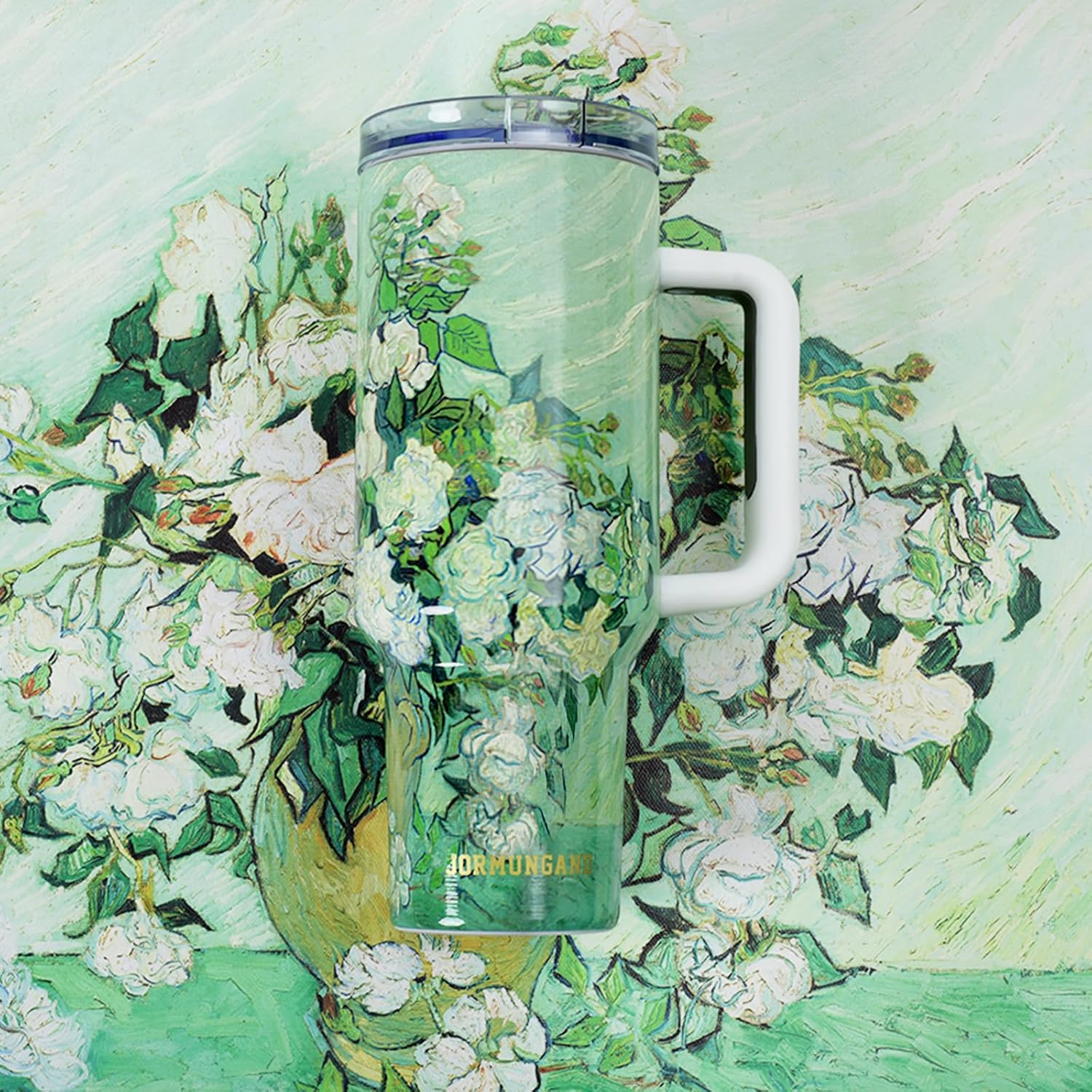 Jormungand 40 oz Tumbler with Handle and Straw Stainless Steel Vacuum Insulated Water Bottle for Hot or Cold Beverages Coffee Mug with Leakproof Straw Lid Sliding Lid Gift for Women&Men (Roses) - Image 2