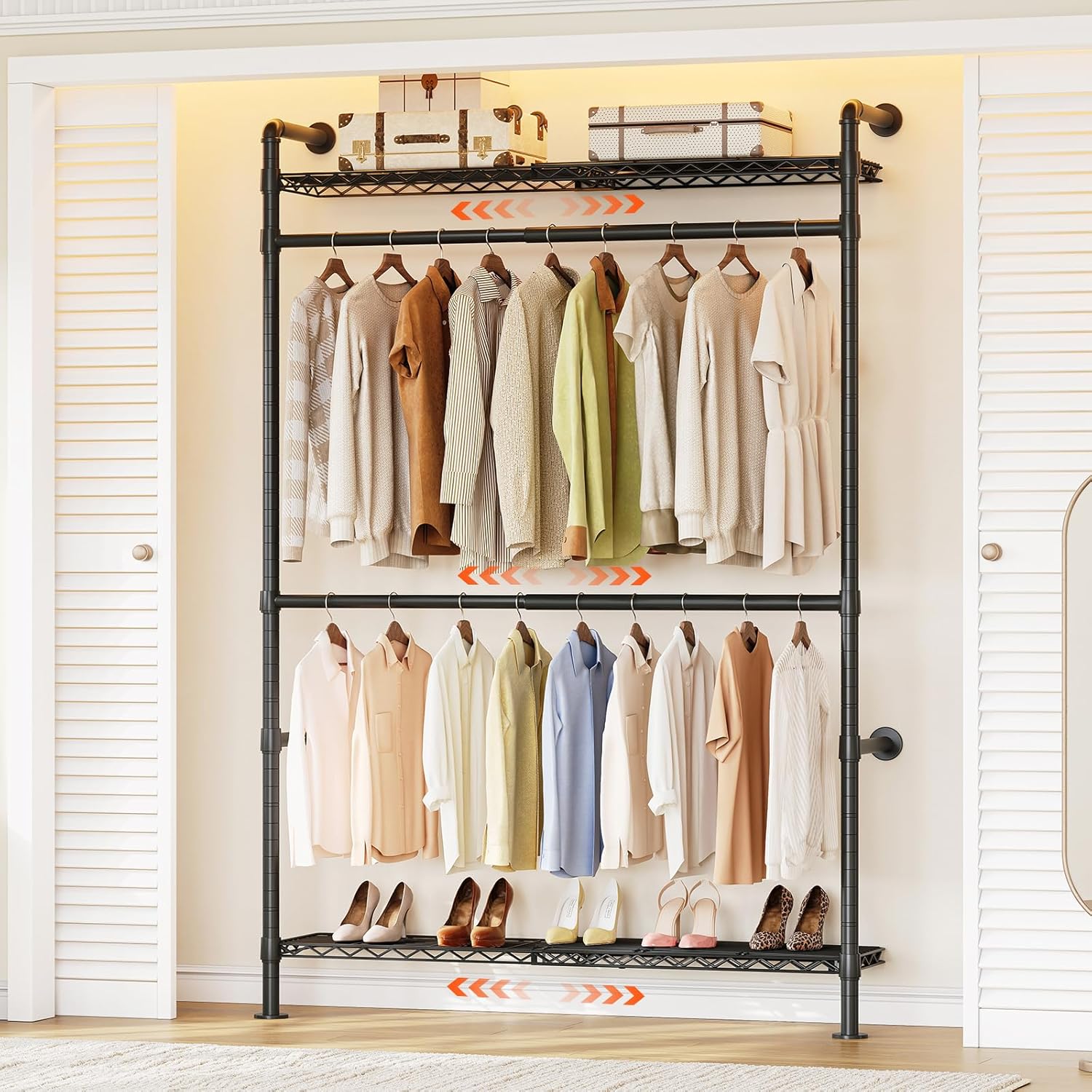 ONBRILL H1 Plus Expandable Wall Mounted Closet System, 2FT-3.3FT Closet Organizer with Telescopic Shelves & Adjustable Rods, Industrial Pipe Clothing Rack for Walk-in & Reach-in Closet (Black)