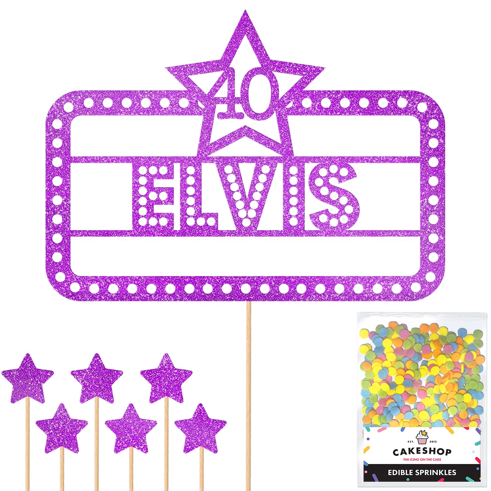Personalised Happy Birthday Glitter Cake Topper - Purple Any Name & Age in Lights Glitter Cake Decoration and Sprinkles - Happy Birthday Decorations - Personalised Toppers for Cakes by Cakeshop