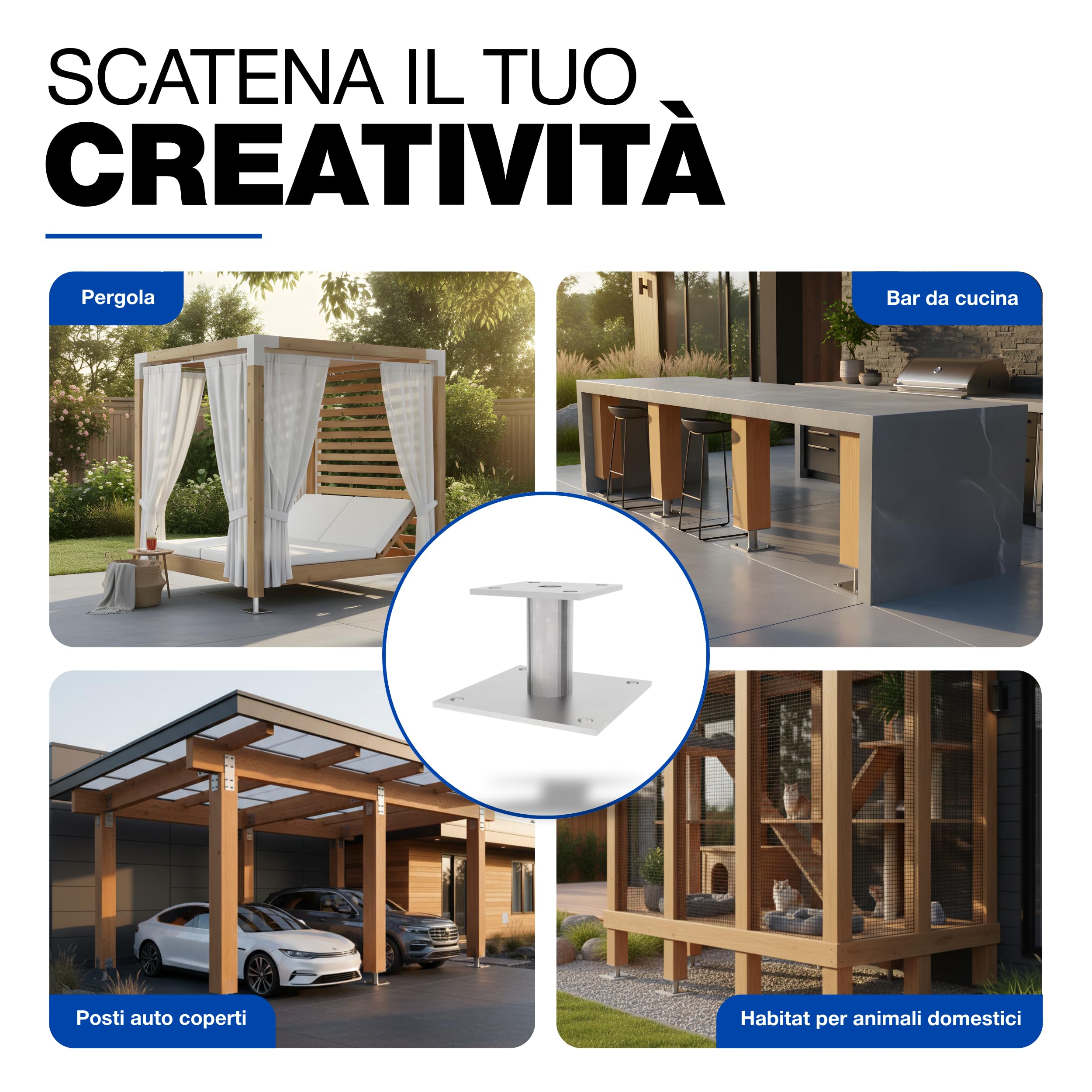 GeZu Impex Supporto per Pali 100 x 100 mm Set di 4 Ancoraggi per Pali Zincati a Caldo Supporto Heavy Duty Base Elevata