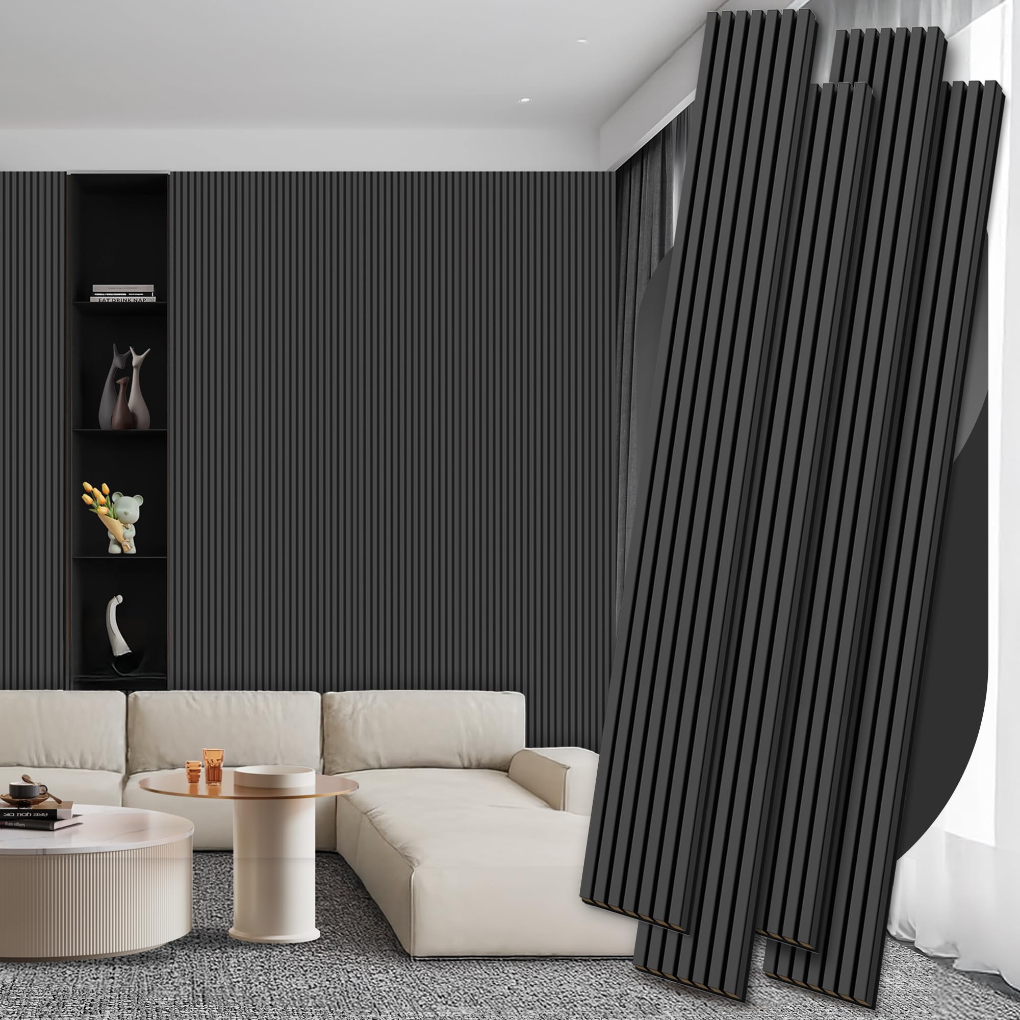 4 Pack Wood Panels for Wall, 106.3" × 11" Wood Slat Acoustic Panels for Wall, Soundproof Panels, 3D Fluted Panels for Interior Wall Decor (Matte Black)