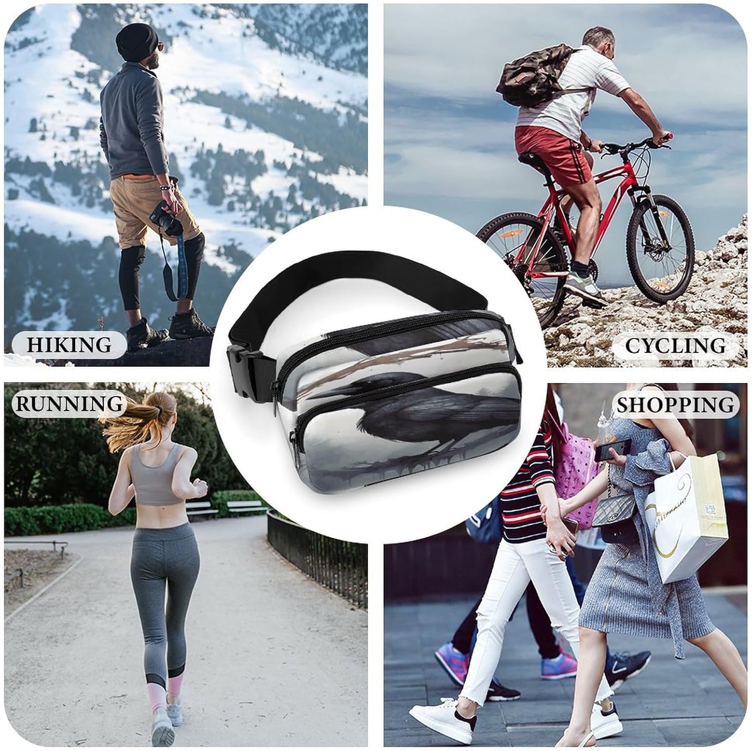 Black Crow Fanny Pack Belt Bag with Adjustable Strap Fashion Waist Bag for Outdoor Sports Hiking