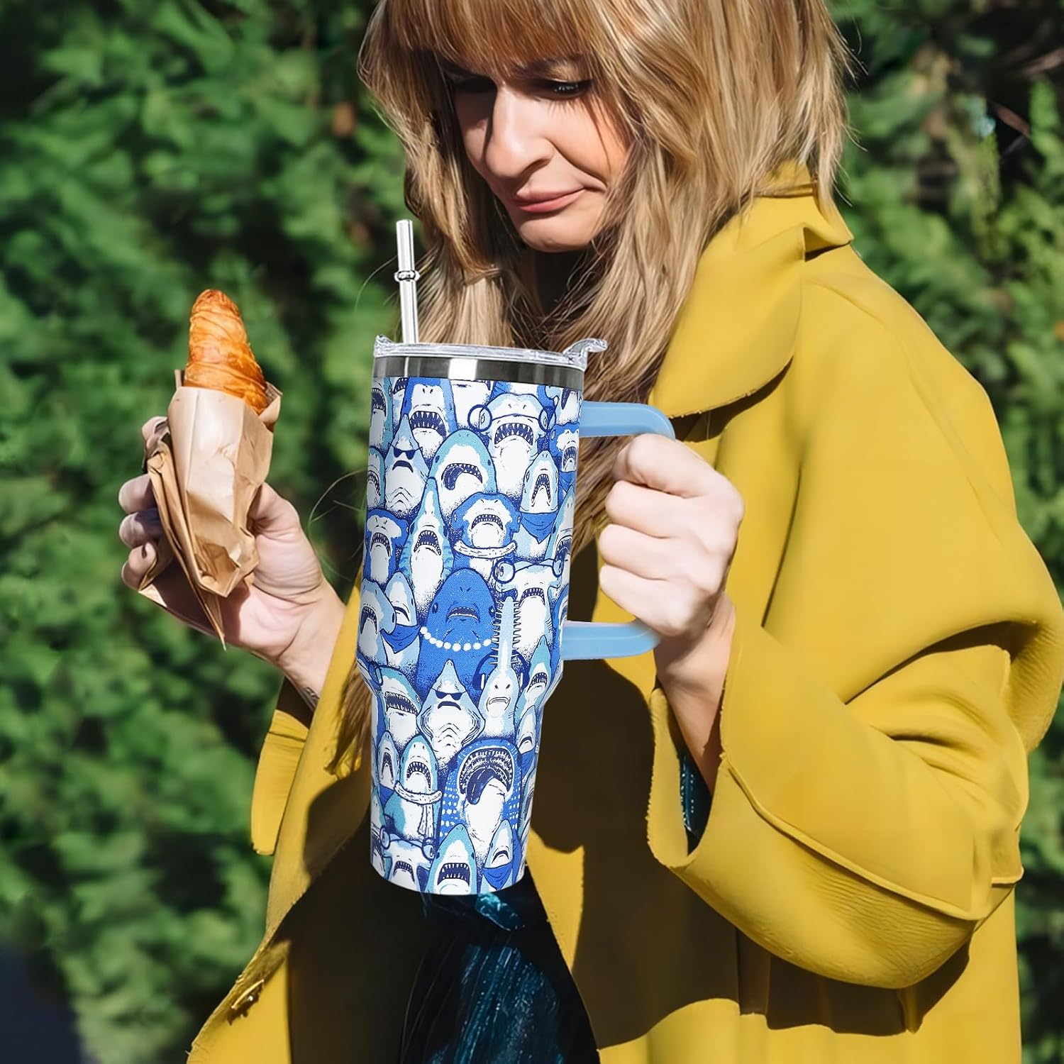 40 oz Funny Shark Tumbler with Handle and Straw Lid Gift Ideas for Shark Themed Lovers Adults Double Insulated Cup Travel Coffee Mug - Image 3