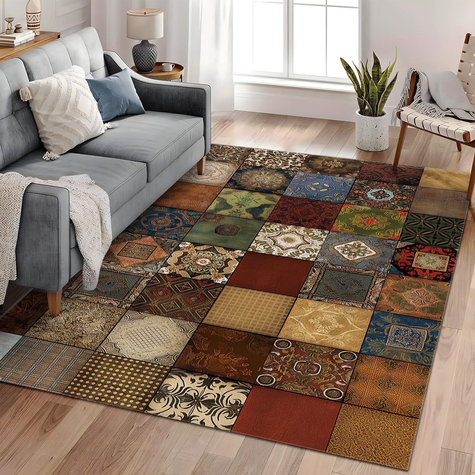 Tapis patchwork de carrés colorés terreux lavable antidérapant doux