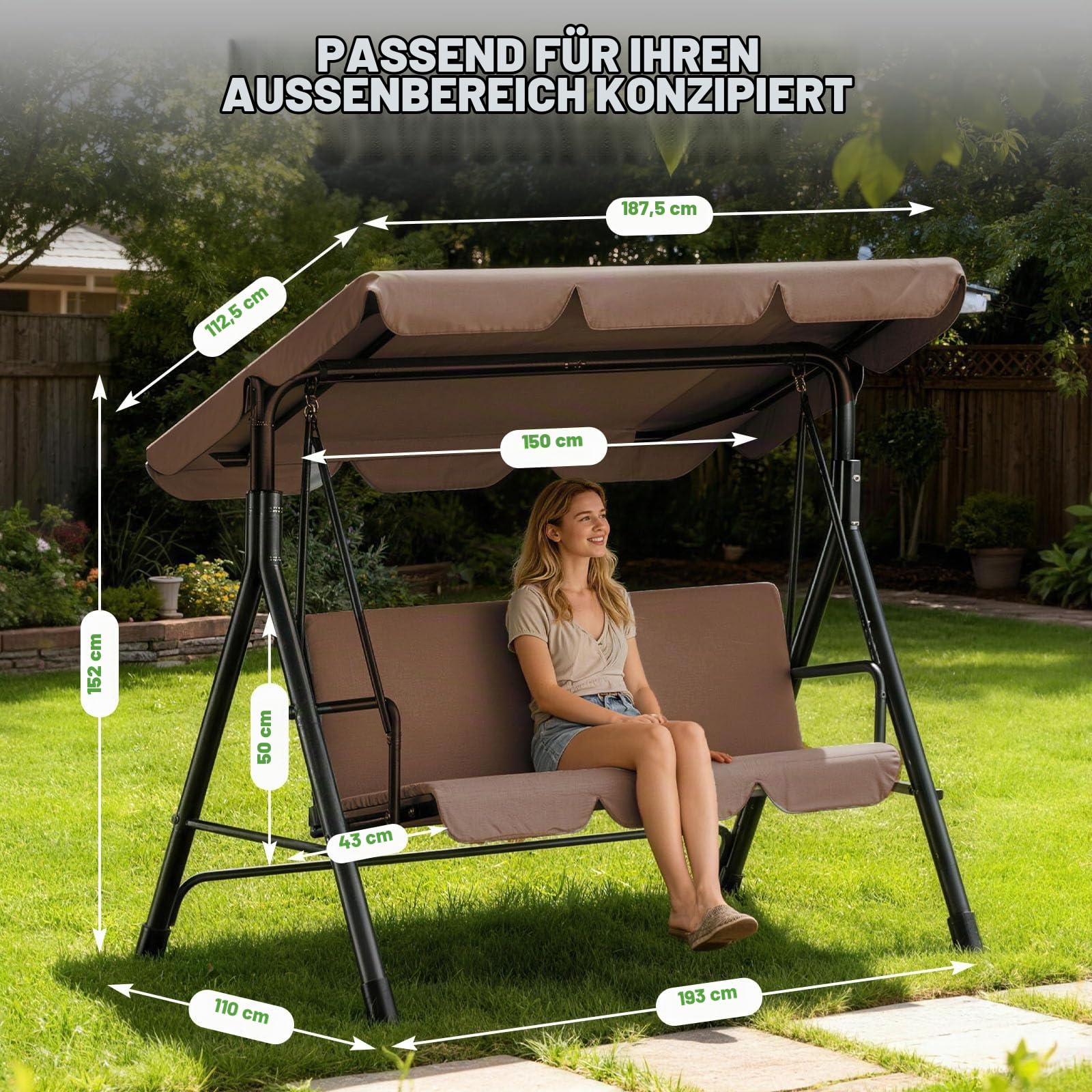 Hollywoodschaukel 3-Sitzer Outdoor mit Verstellbarem Sonnendach – Gartenschaukel mit Komfortabler Polsterung, Bis 200kg Belastbar & Teslin-Sitz – Maße 193x110x152cm (Dunkelbraun)