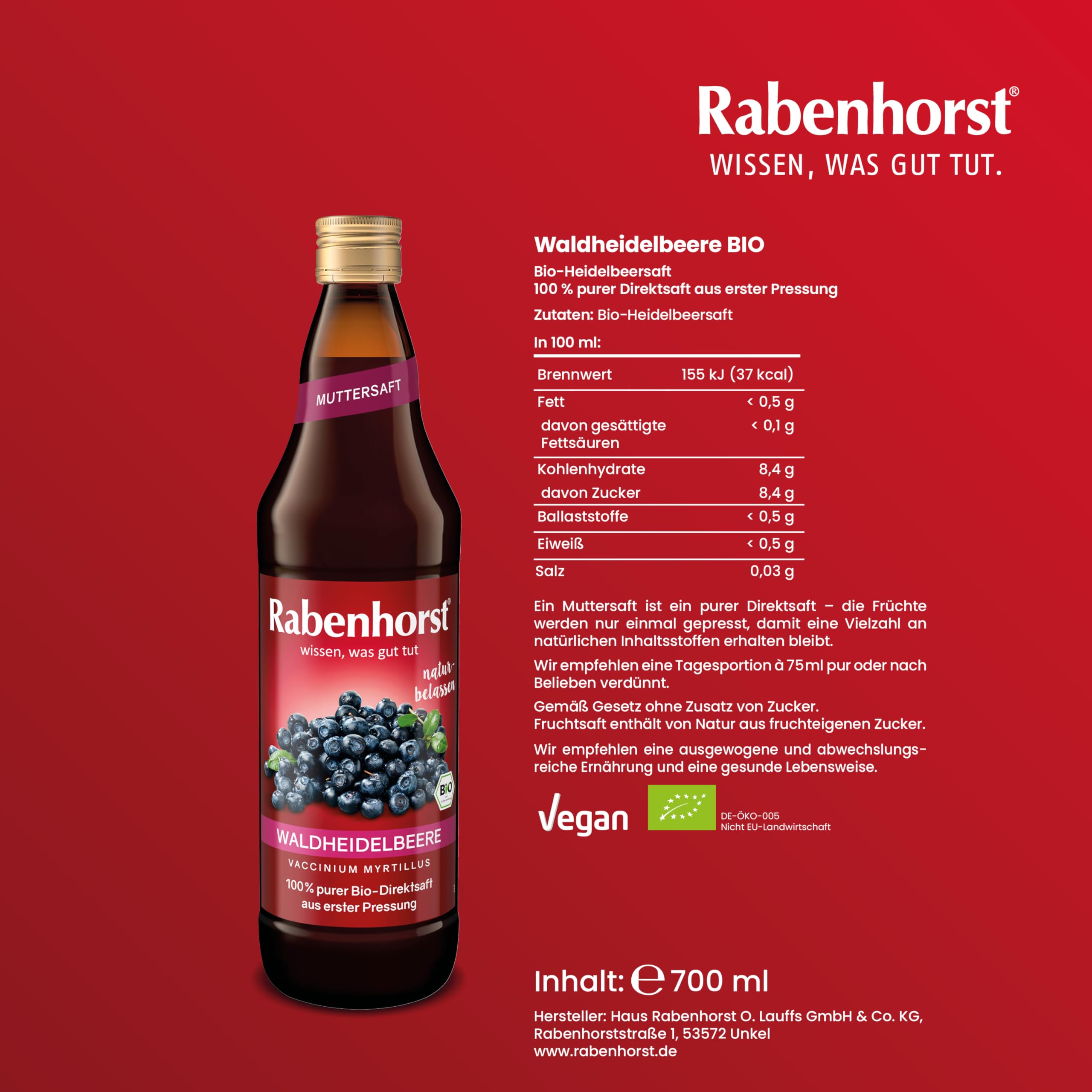 RABENHORST Waldheidelbeere Muttersaft BIO 6er Pack (6 x 700 ml) | 100 % purer Waldheidelbeer-Direktsaft aus erster Pressung