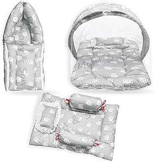 MOM & SON New Born Baby Bedding Set,Sleeping Bag, Baby Mosquito Net & Gadda Mattress Set for 0-6 Months (Pack of 3)