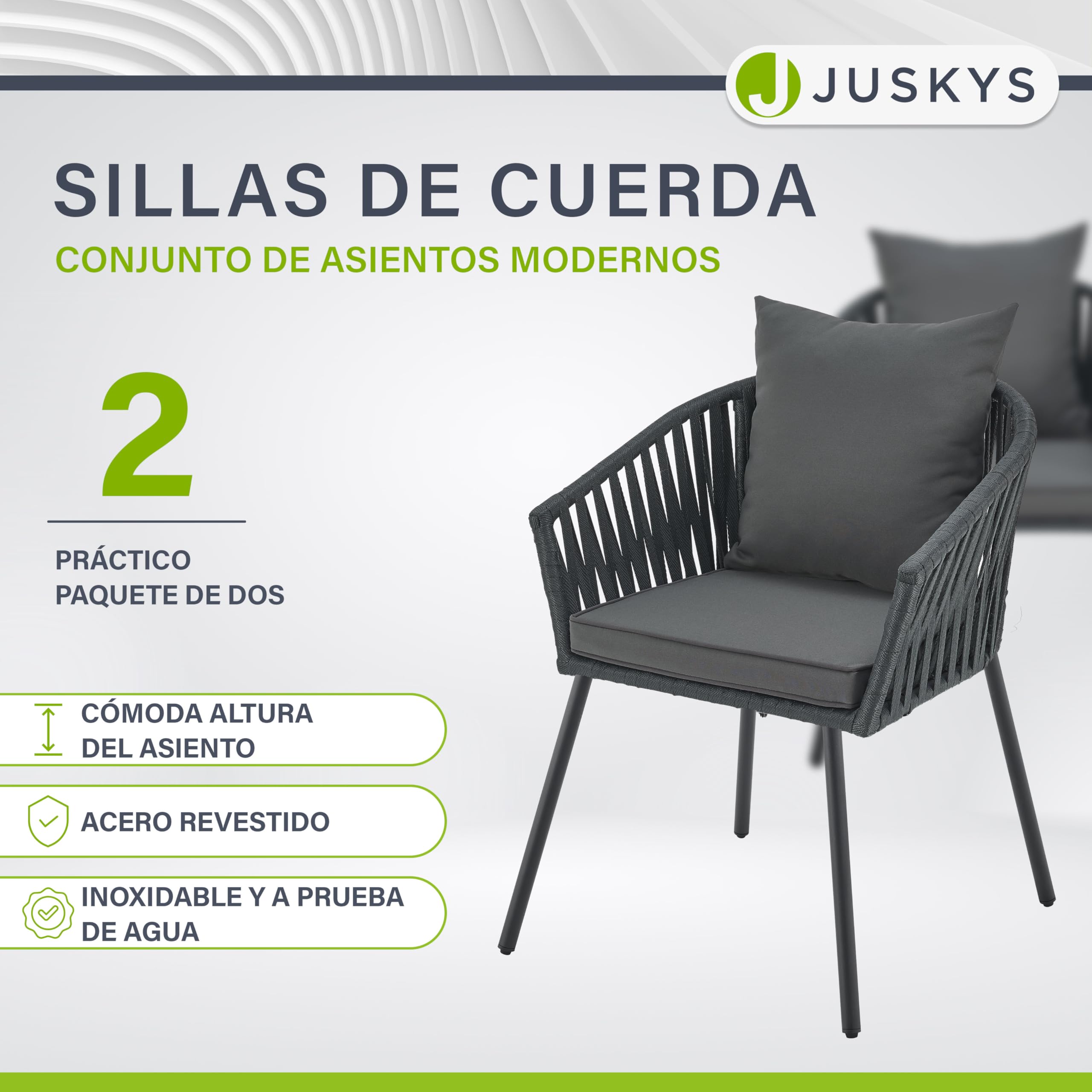 Juskys Rope - Juego de 2 sillas de jardín resistentes a la intemperie, soporta hasta 160 kg, cojines de asiento y respaldo de poliéster, 2 sillas de acero y polipropileno para jardín, terraza y balcón