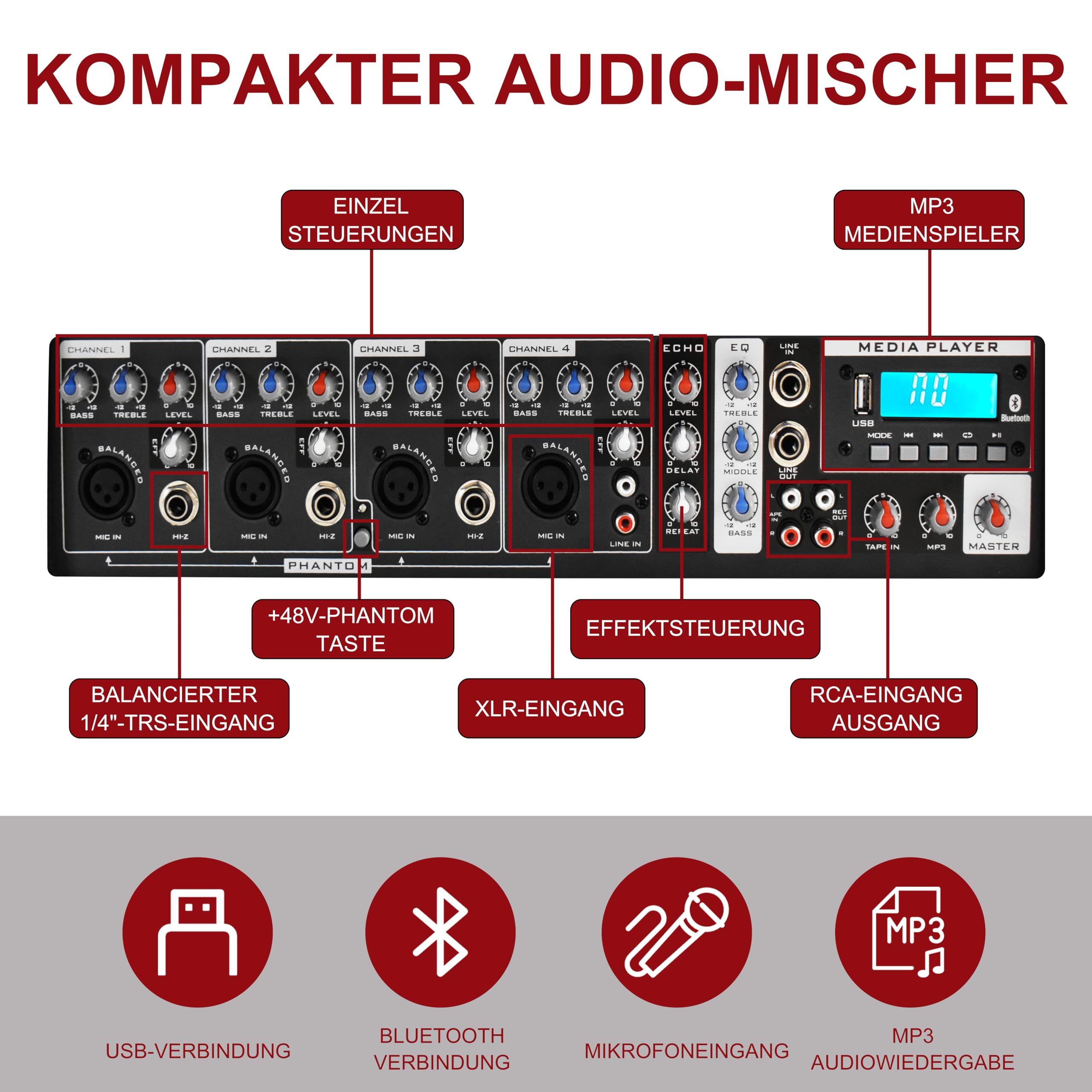 PRORECK MX10 1600W 6-Kanal Aktiv-Mischpult mit Bluetooth & 10 Zoll (25,4 cm) passiven Lautsprechern – PA-System inkl. Ständer und Mikrofon