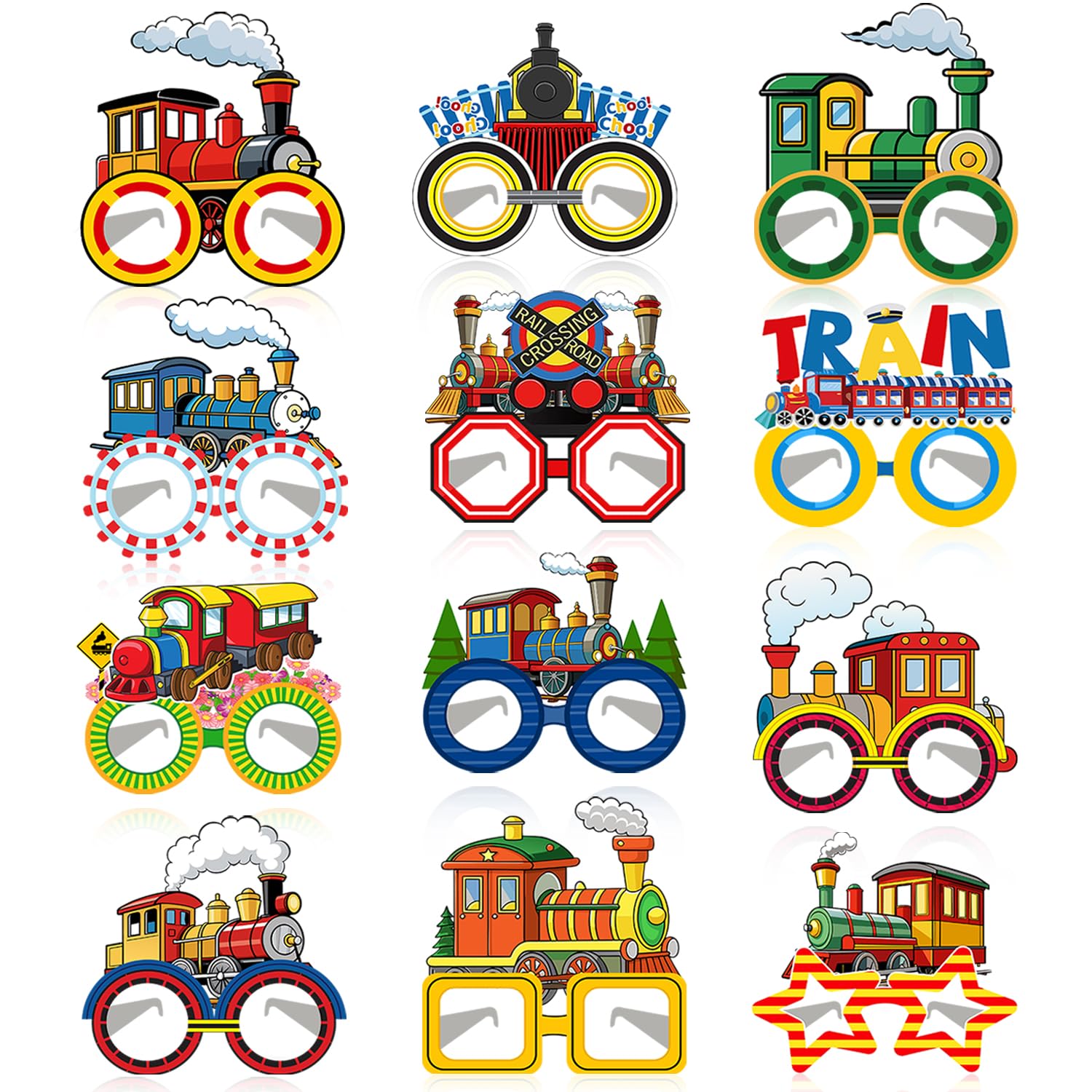 Lcnjscgo 24 PCS Train Party Paper Eyeglasses, Train Party Favors Decorations Supplies, Train Birthday Party Decorations Gifts Photo Booth Props for