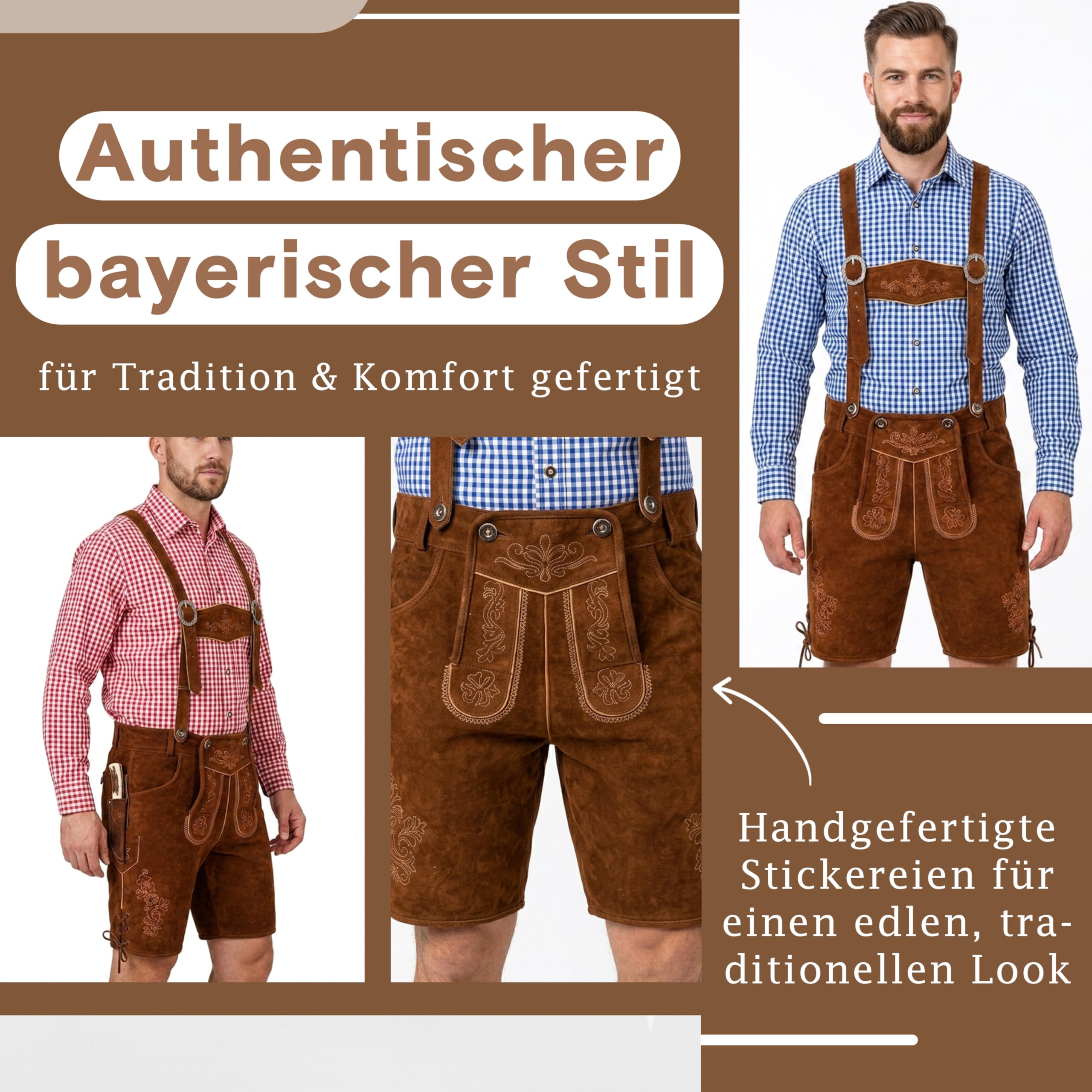 German Wear Trachtenlederhose Herren Premium Nappaleder Echtleder – Verbesserte Lederhose mit Hosenträgern, Traditionell Bayerische Lederhose für Volksfest, Trachtenfest & Freizeit