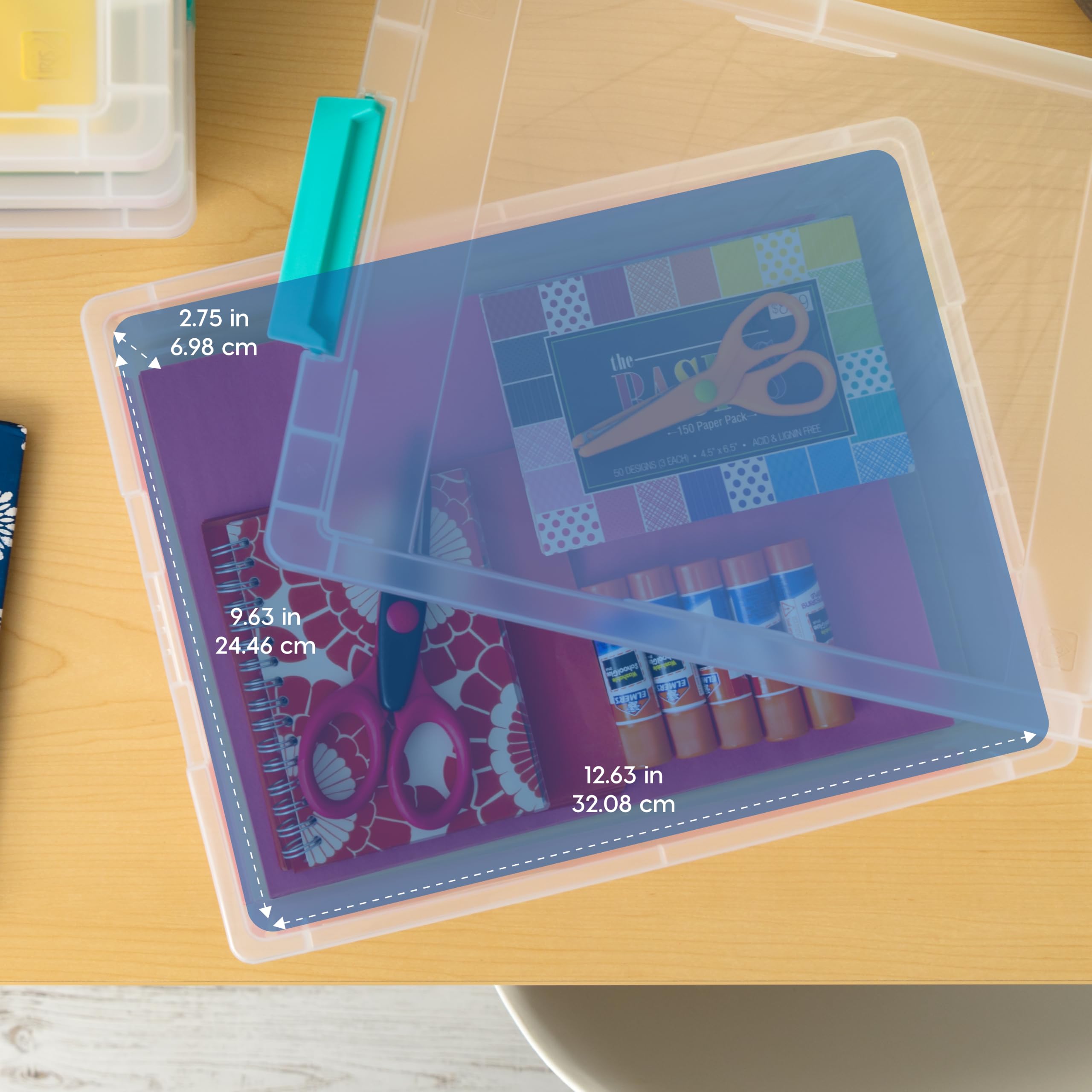 IRIS USA Lot de 4 bacs avec couvercles, boîte à clip, organisation et récipient de rangement pour bureau, école, enfants, salle d'artisanat, 6 litres, transparent/bleu écume de mer