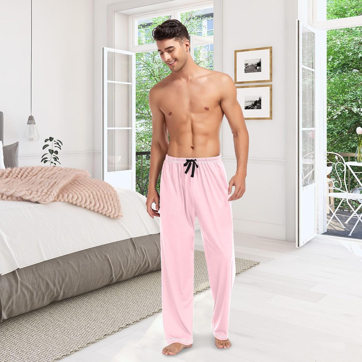 Pink Men's Pajama Pants,Lounge Pants Pajama Bottoms with Pockets Drawstring,Men Sleep PJ Pants S